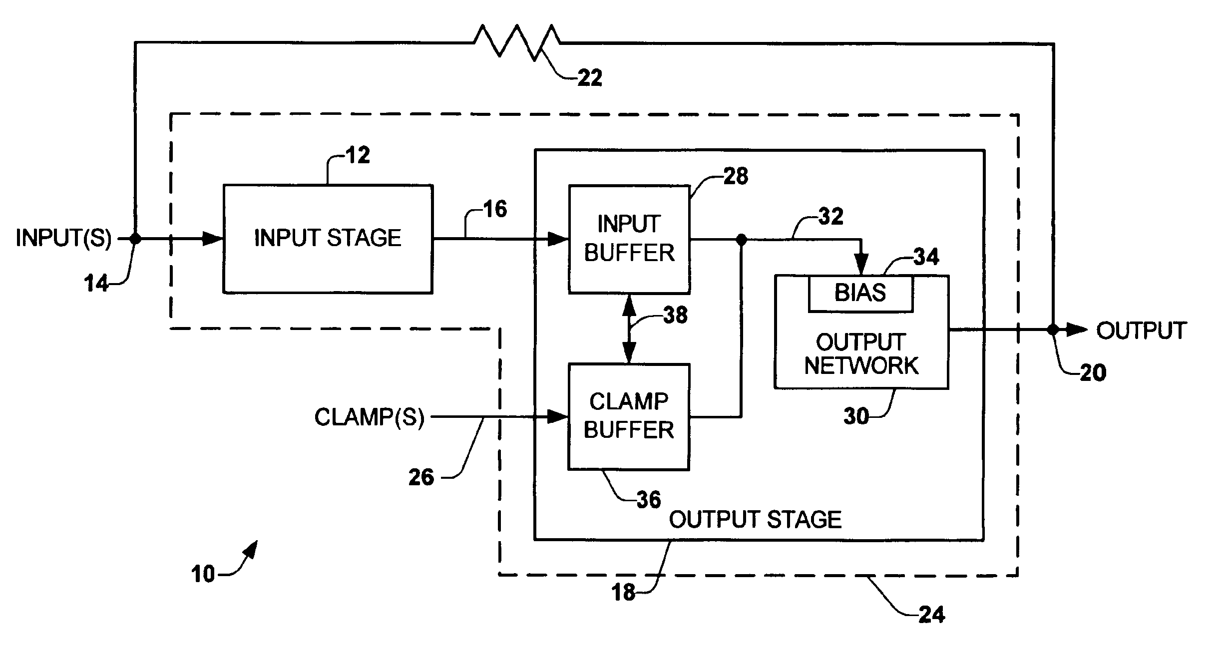 Output stage, amplifier and associated method for limiting an amplifier output