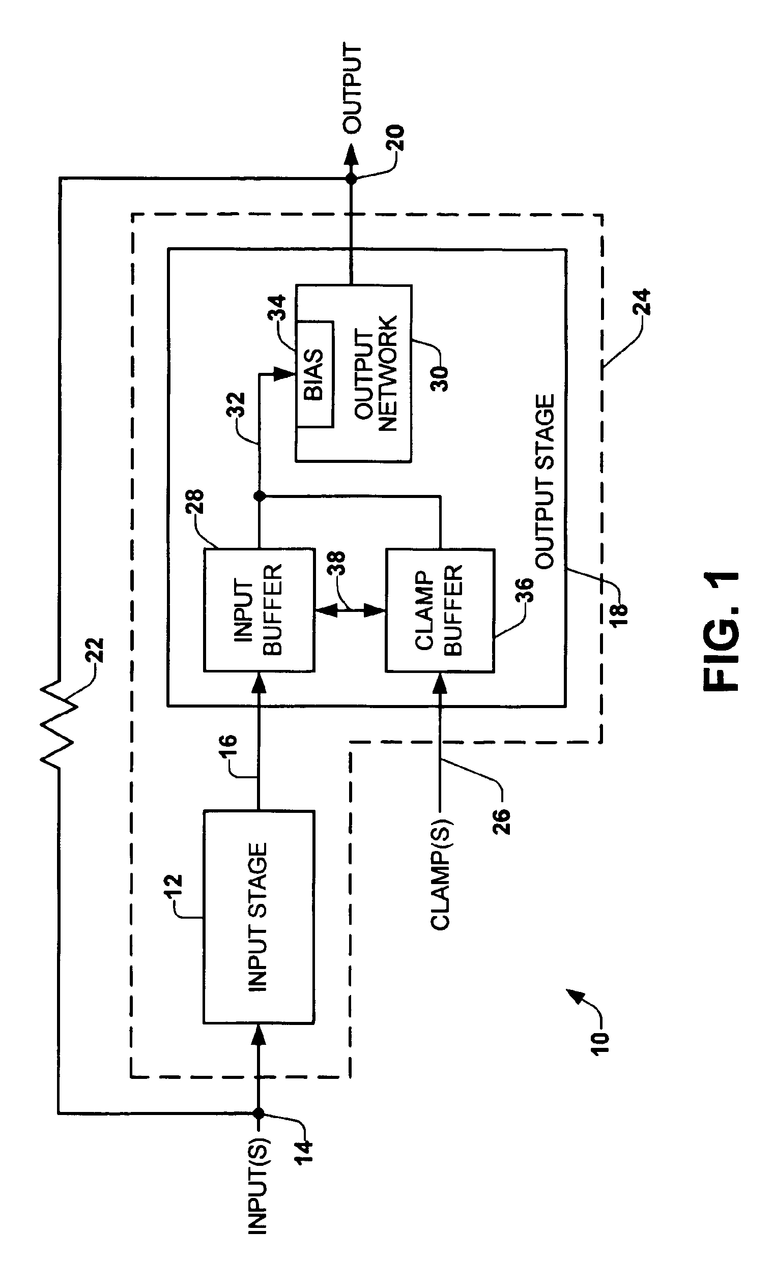 Output stage, amplifier and associated method for limiting an amplifier output