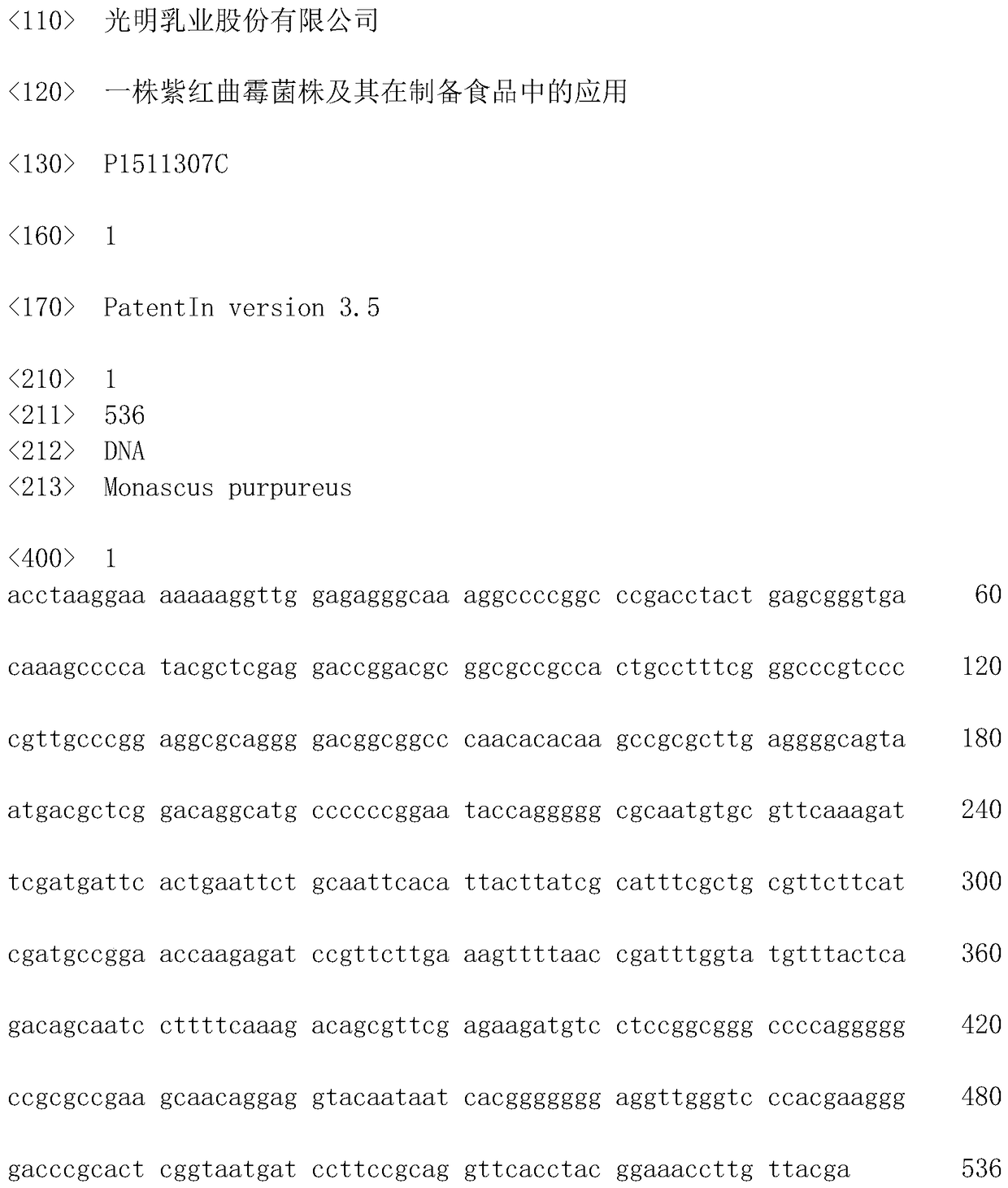 A strain of Monascus purpura and its application in food preparation