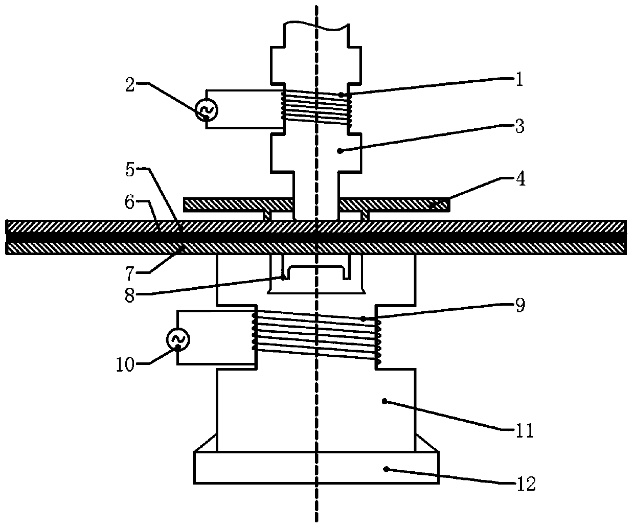 Carbon fiber composite material and aluminum material indirect induction heating rivetless joint vibration joint mold and process