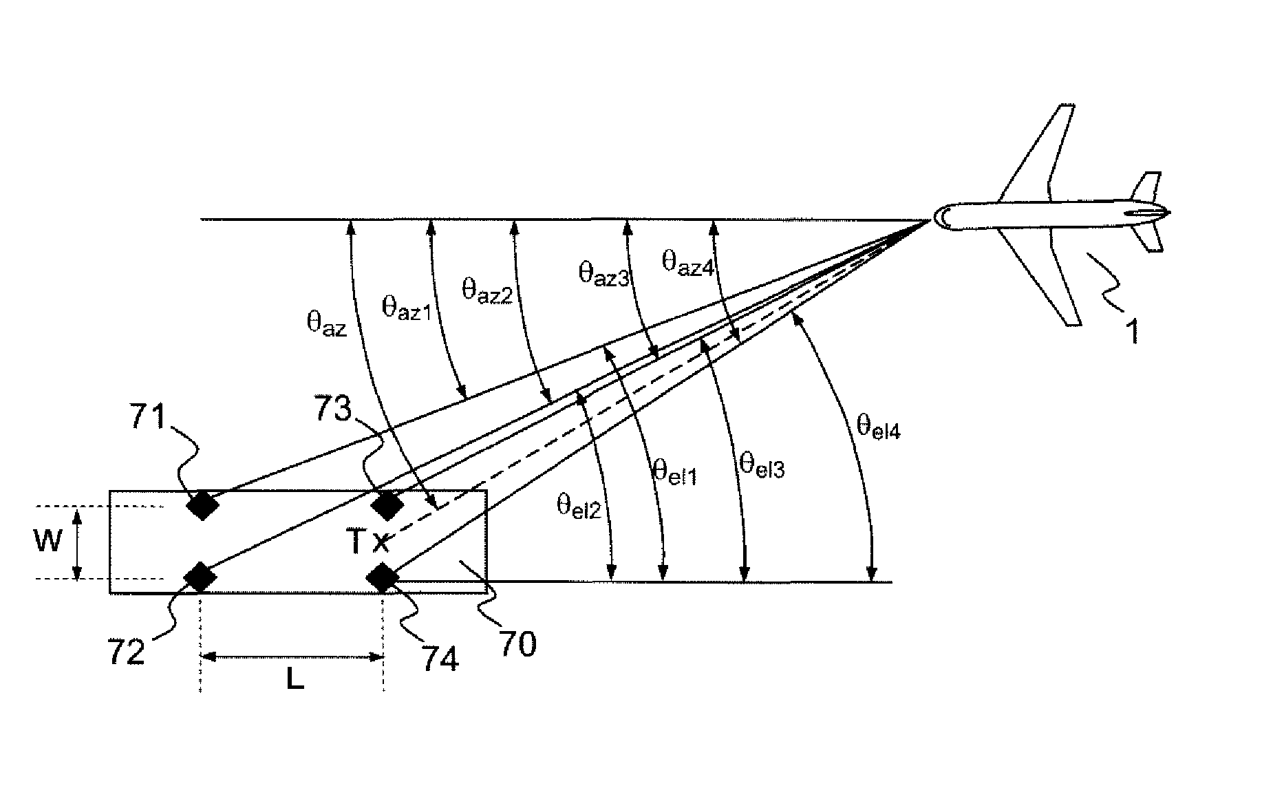 Broadband multifunction airborne radar device with a wide angular coverage for detection and tracking, notably for a sense-and-avoid function