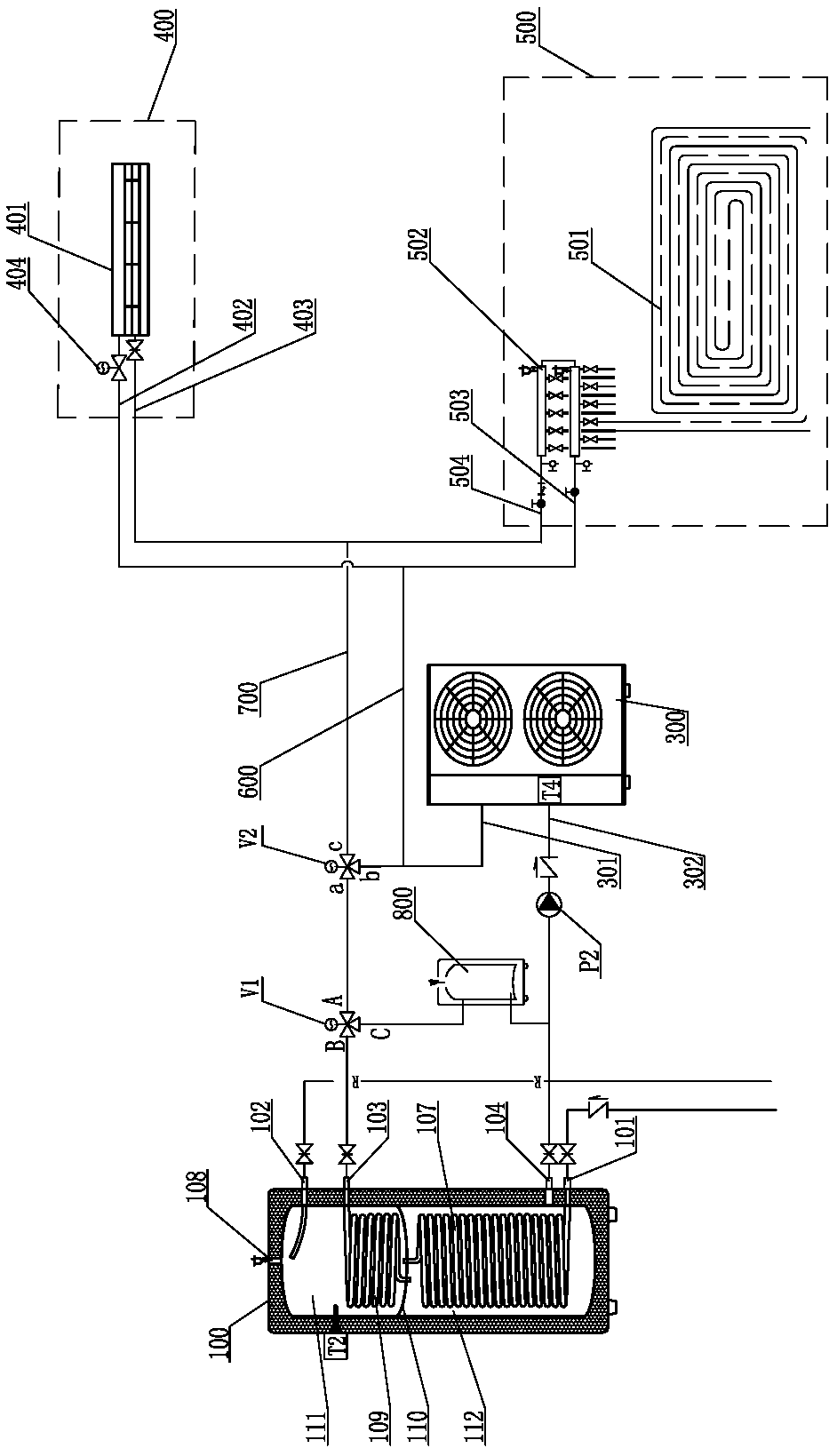 Air source heat pump heating, refrigerating and water heating system and control method thereof