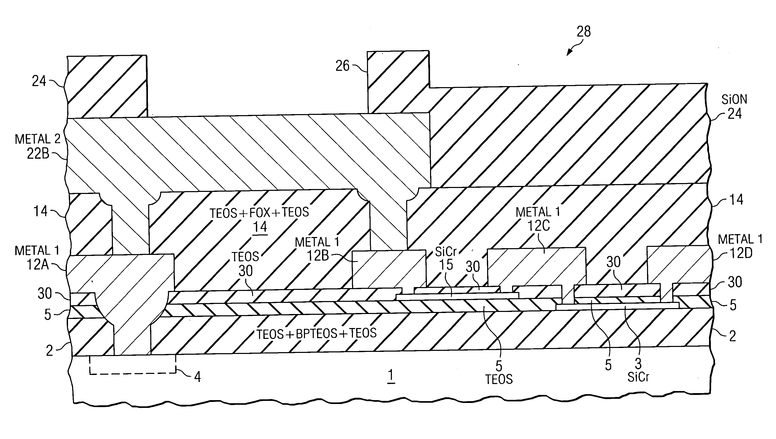 Back end thin film capacitor having both plates of thin film resistor material at single metallization layer