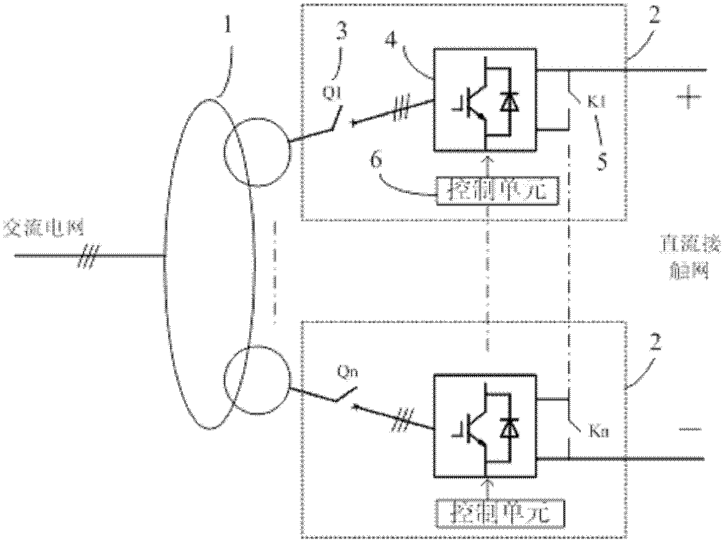 Energy-saving high-voltage DC traction power supply converter device and control method without AC inductance