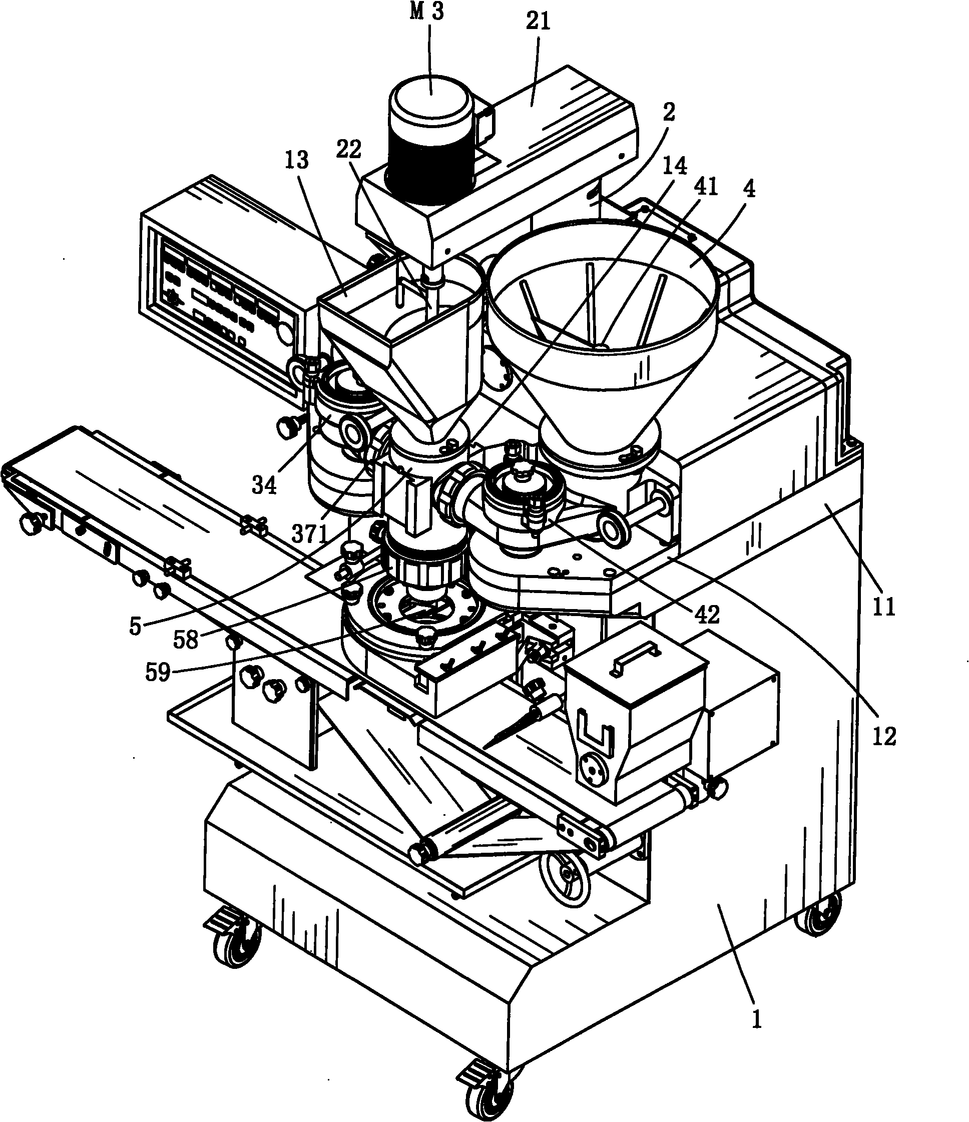 Three-layer encrusting machine with interchangeable horizontal and vertical feeding modes