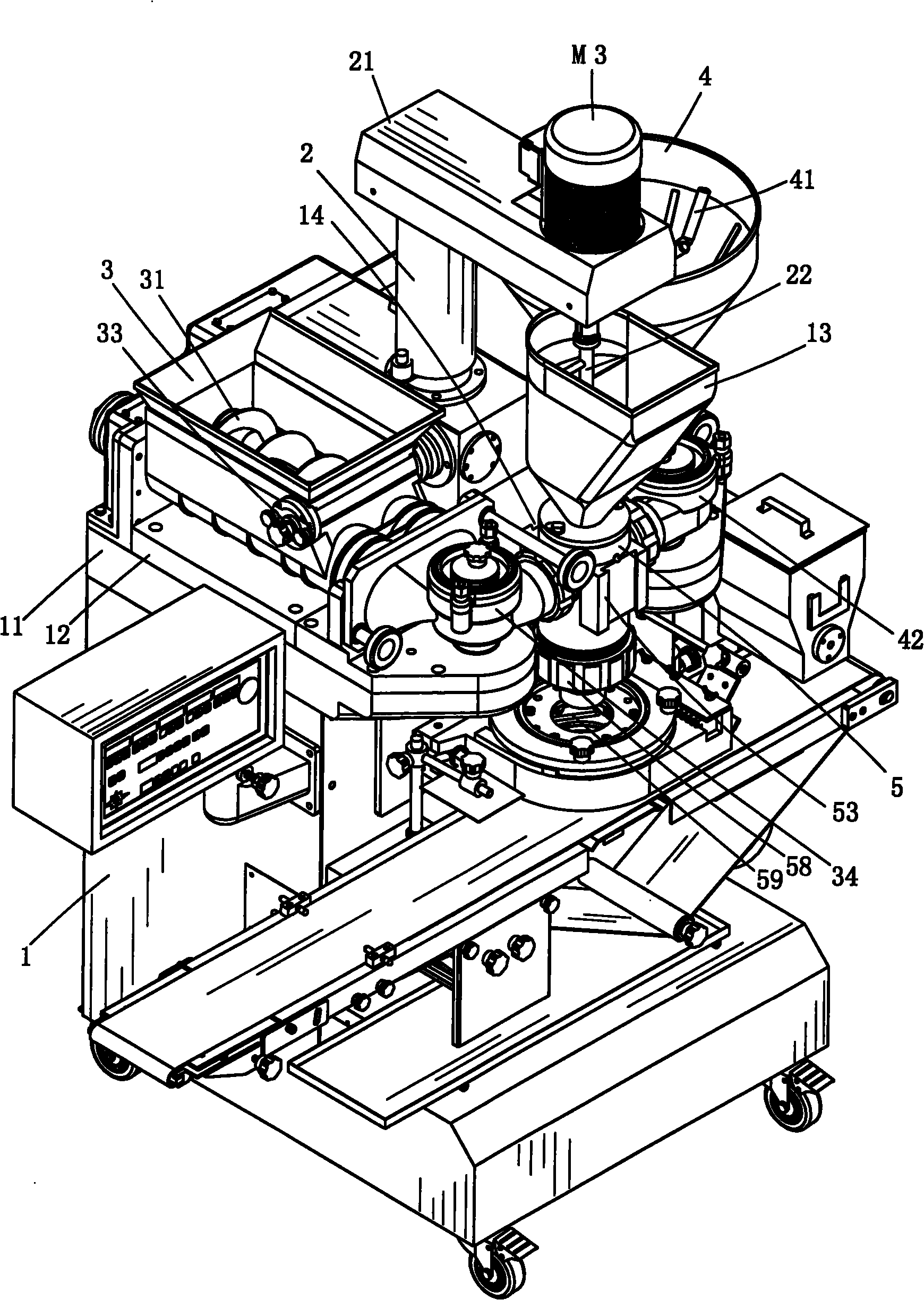 Three-layer encrusting machine with interchangeable horizontal and vertical feeding modes