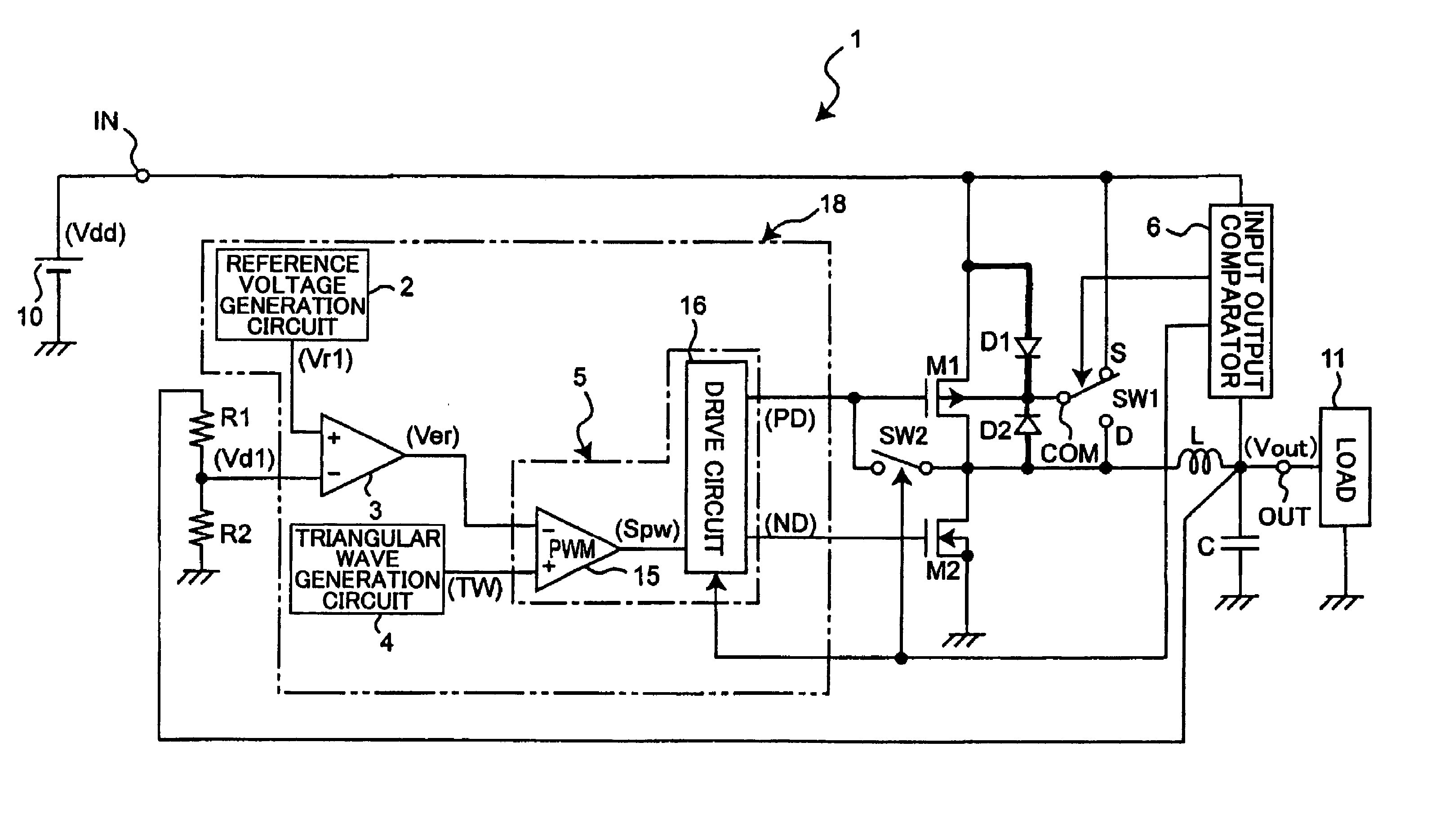 Step down switching regulator with the substrate of the switching transistor selectively connected to either its drain or source