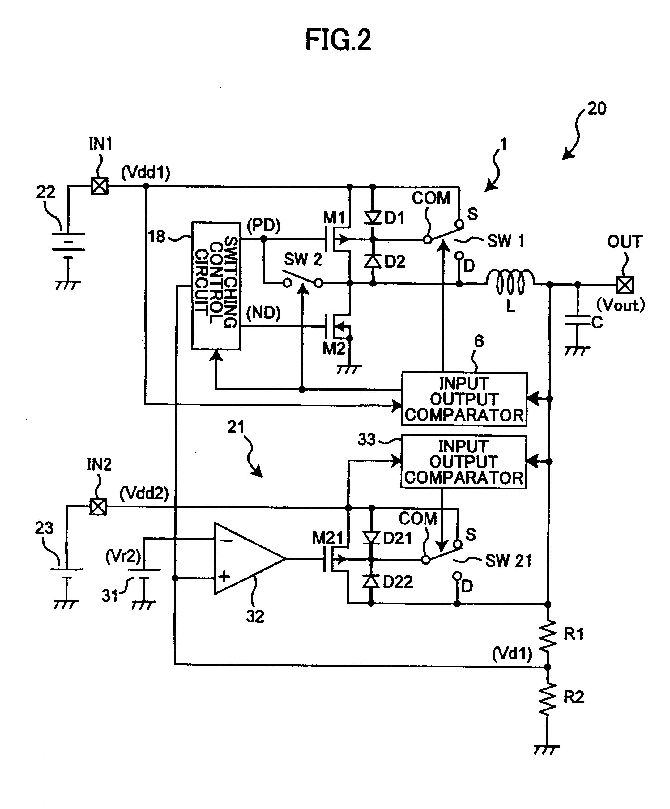 Step down switching regulator with the substrate of the switching transistor selectively connected to either its drain or source