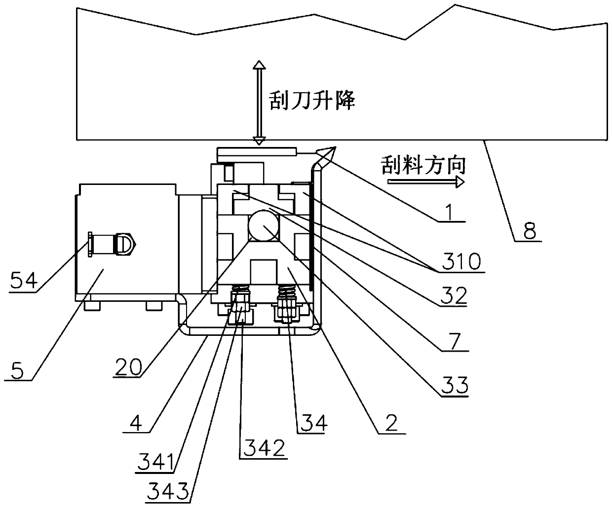 Lifting scraper device capable of automatically clearing material sticking to scraper edge