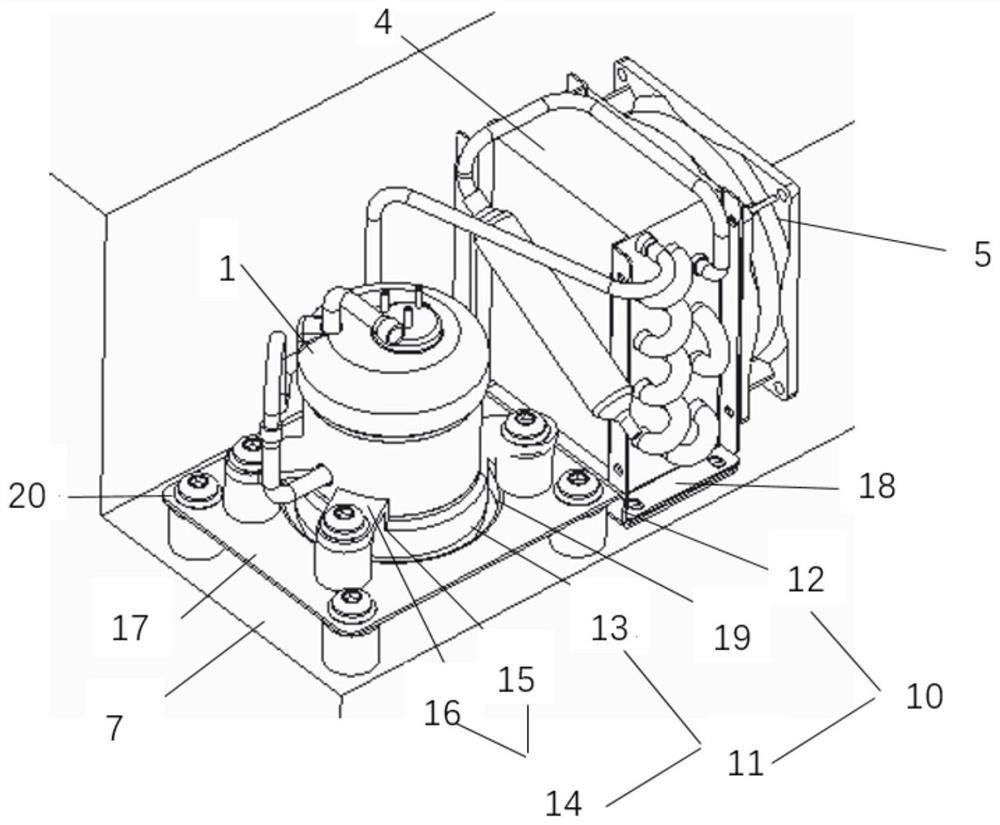 Installing system for compressor of mobile refrigerator and foot pad for installing system