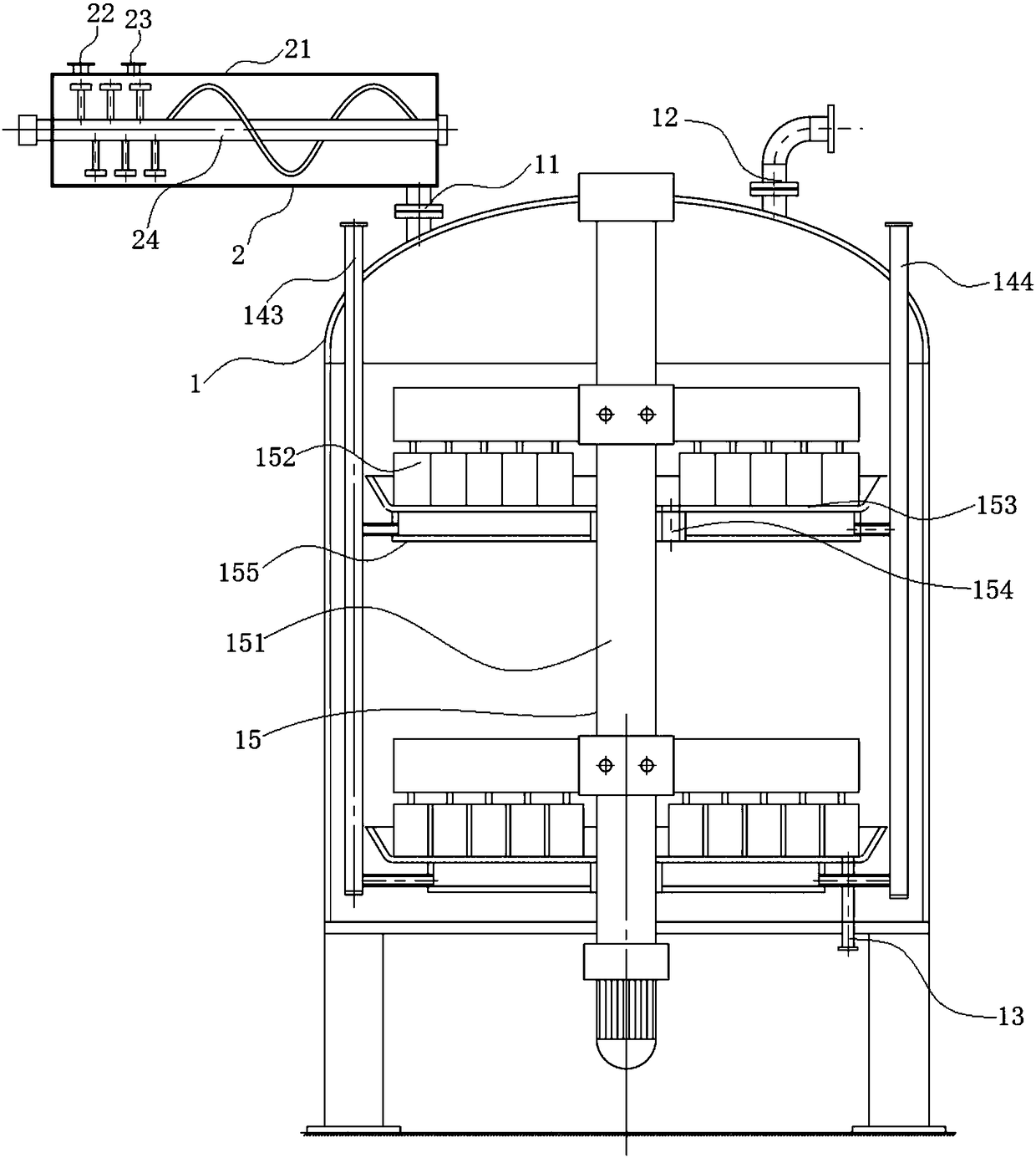 Reaction device suitable for preparing hydrogen fluoride from calcium fluoride