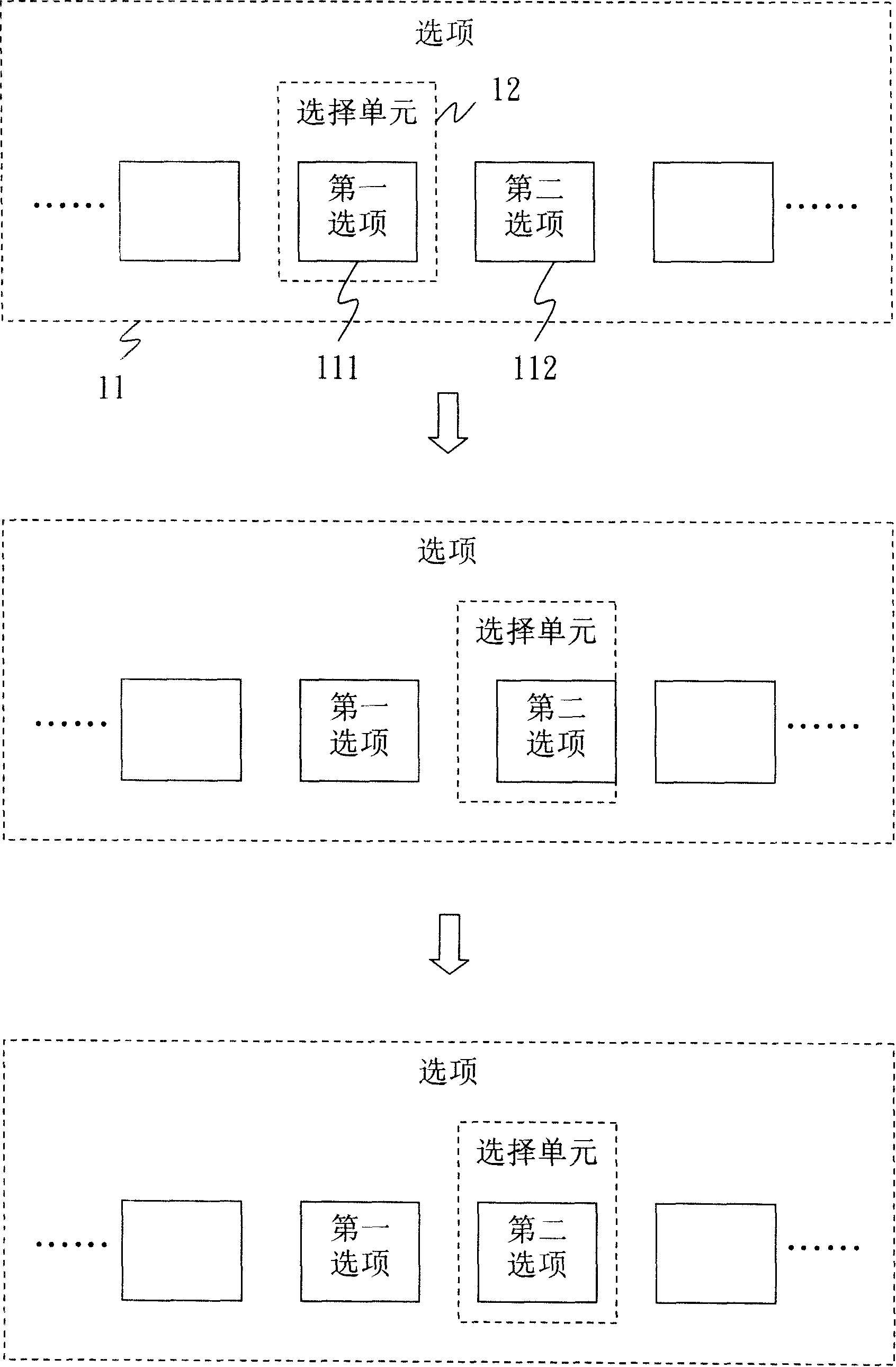 Menu selection system and indication method