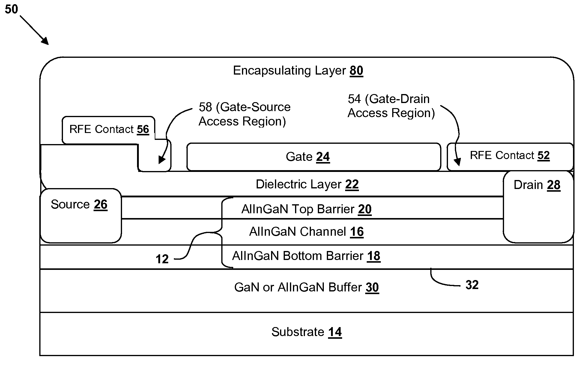 Enhancement mode insulated gate heterostructure field-effect transistor with electrically isolated RF-enhanced source contact