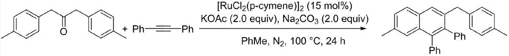 Method for preparing polyaryl substituted naphthalene derivative by ruthenium-catalyzing aromatic ketone and diphenylacetylene cyclization reaction and application