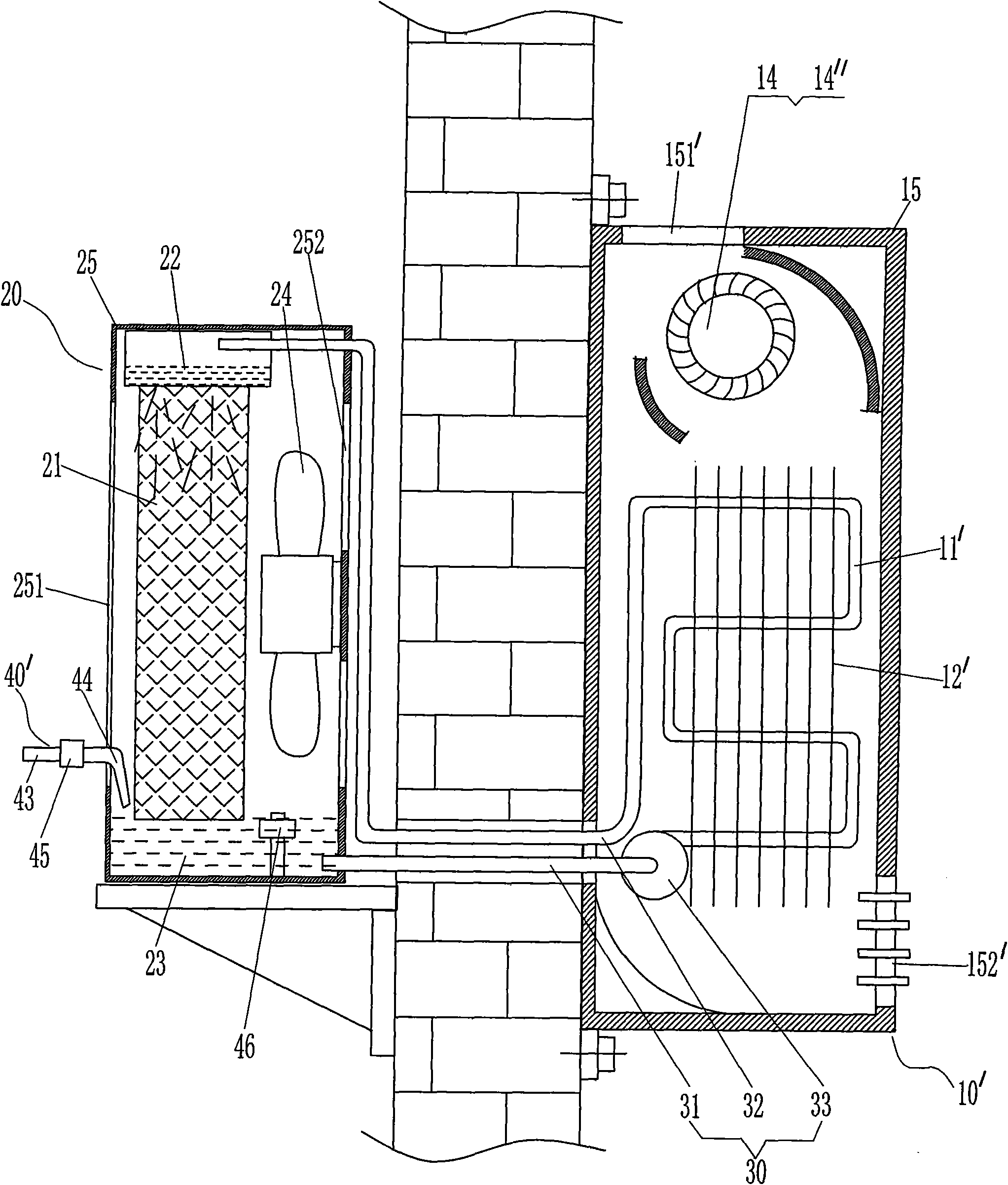 Split type water-cooling air conditioner fan device and cooling method thereof