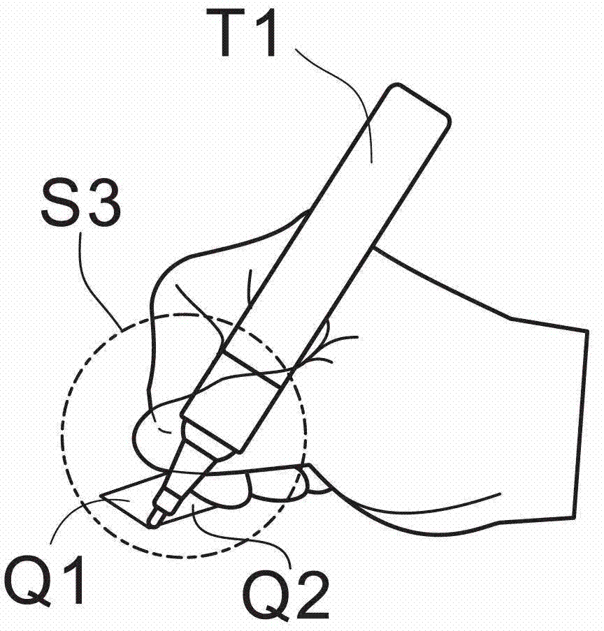 Marking pen with bent holding portion and clamped ink tube