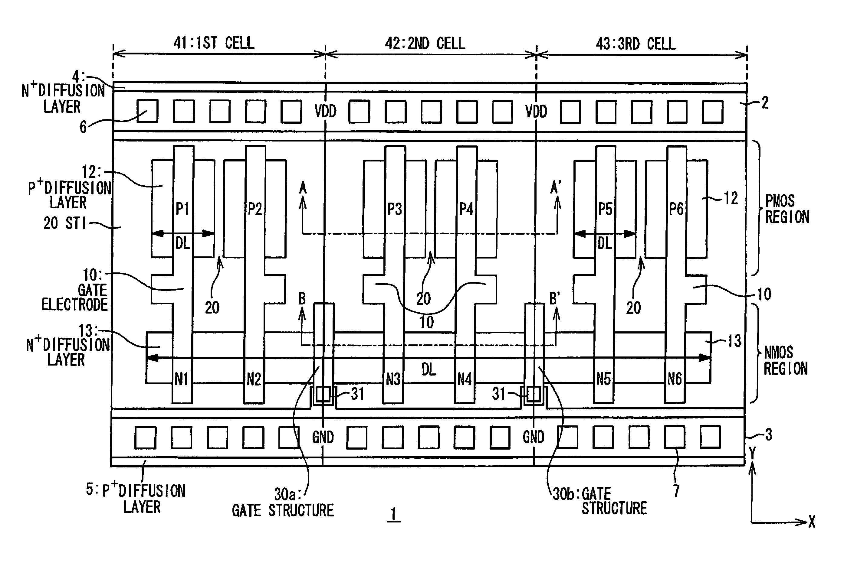 Semiconductor device with NMOS transistors arranged continuously