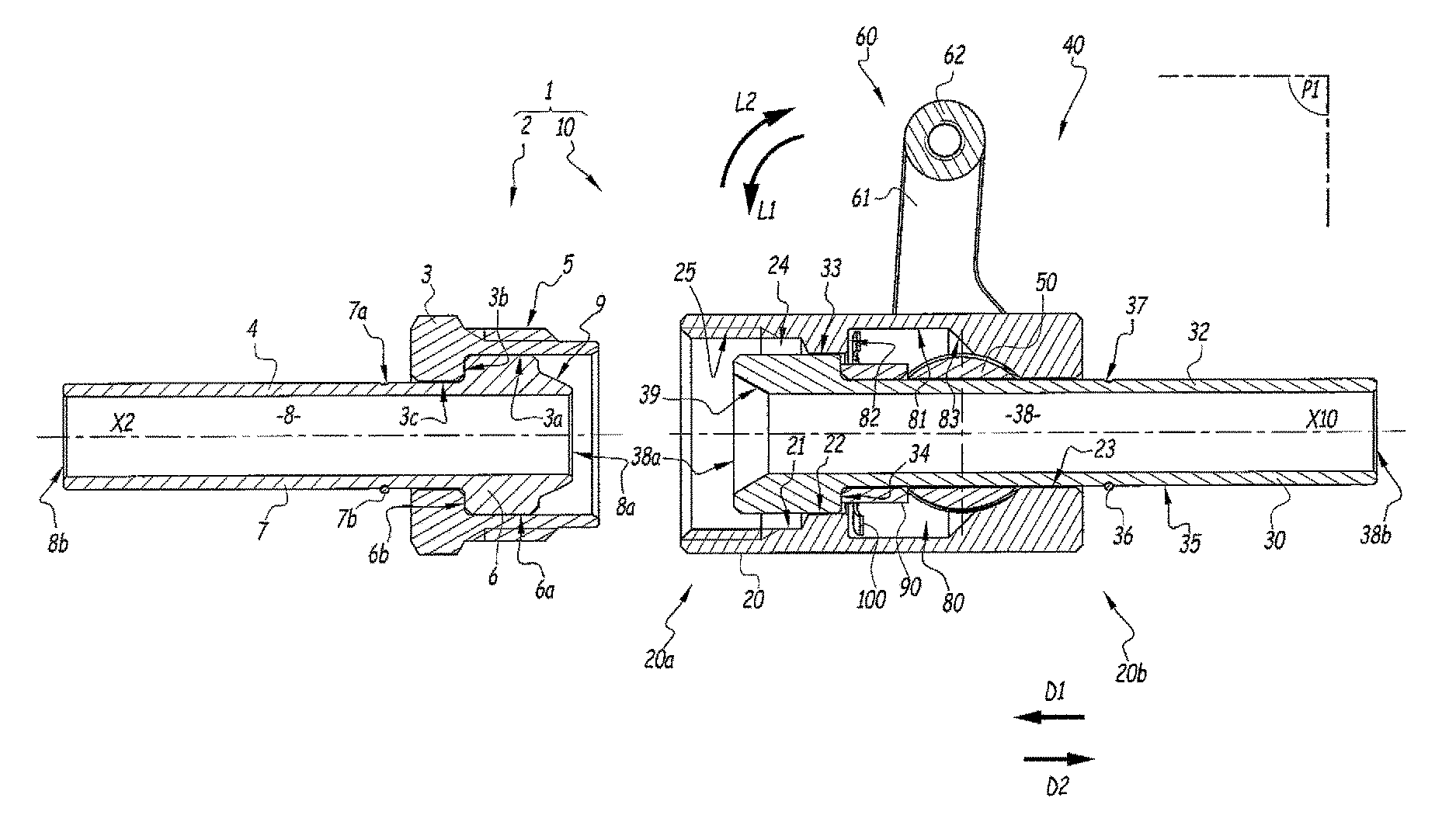 Connecting device, and connector comprising such a device