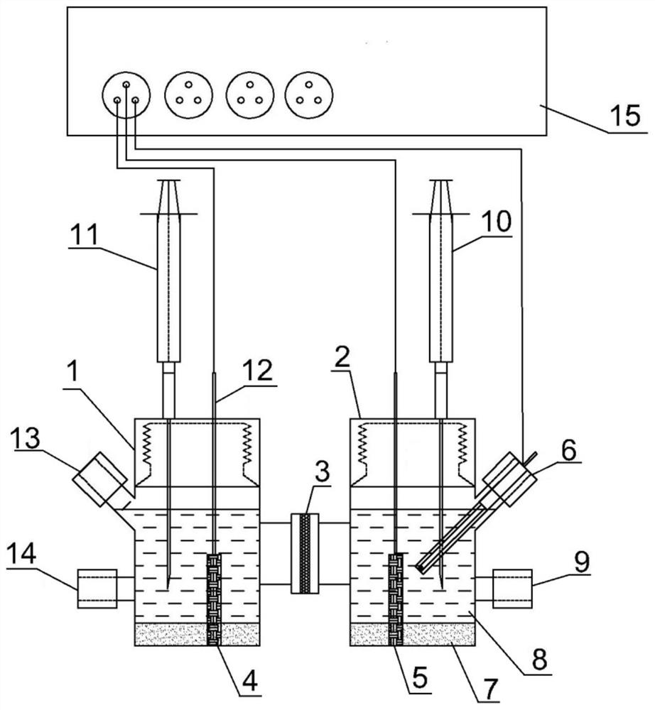 Bioelectrochemical device for synchronously degrading chlorophenol in water phase by cathode and anode