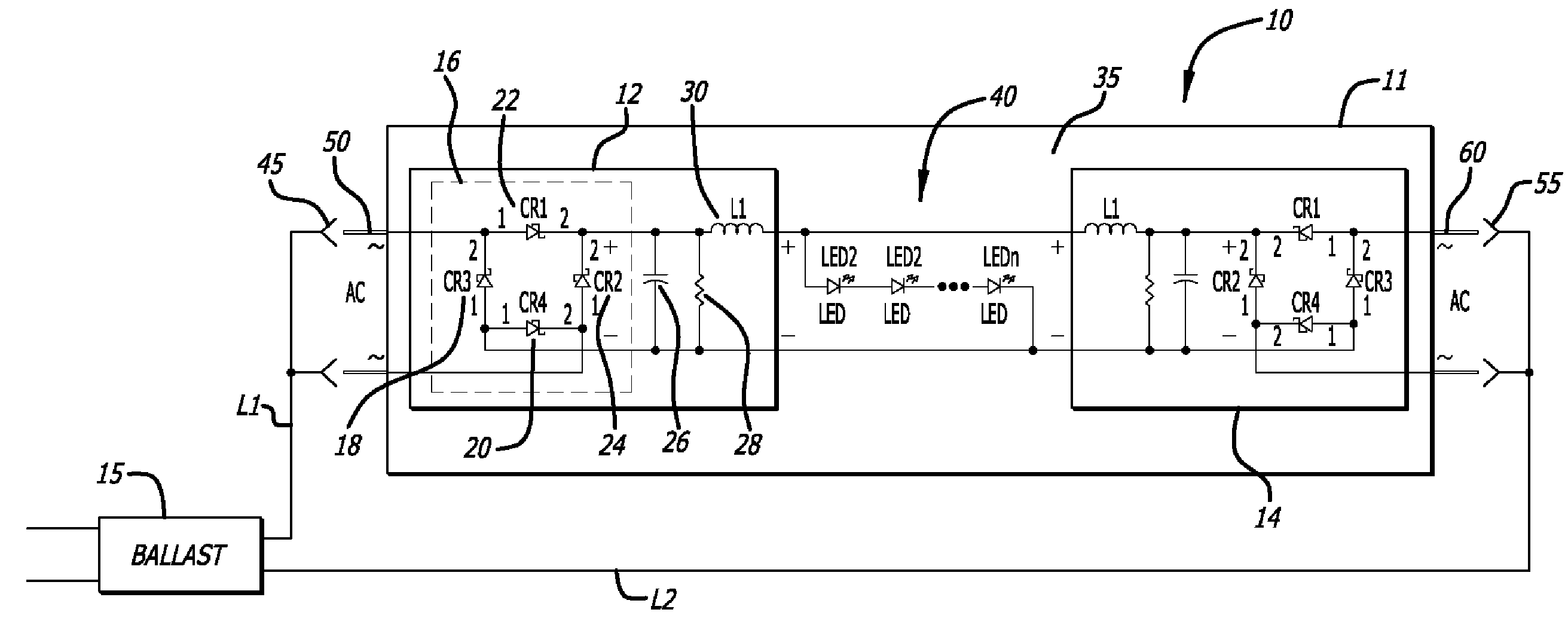 Fluorescent Light Fixture Assembly with LED Lighting Element and Converter Modules