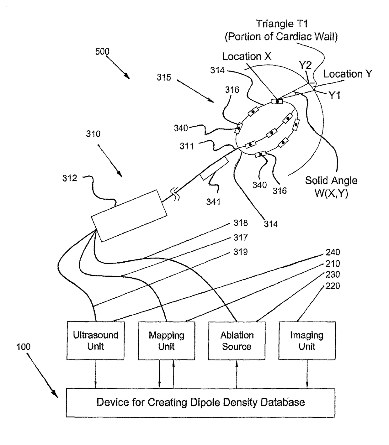 Device and method for the geometric determination of electrical dipole densities on the cardiac wall