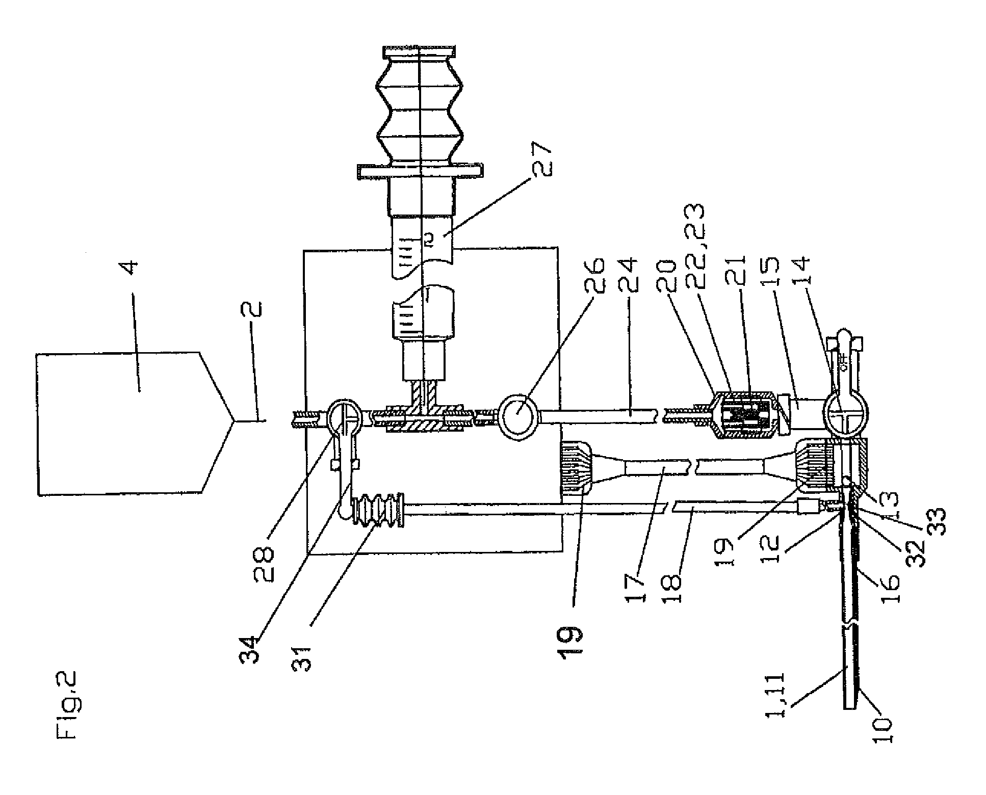 Blood vessel catheter and injection system for carrying out a blood pressure measurement of a patient