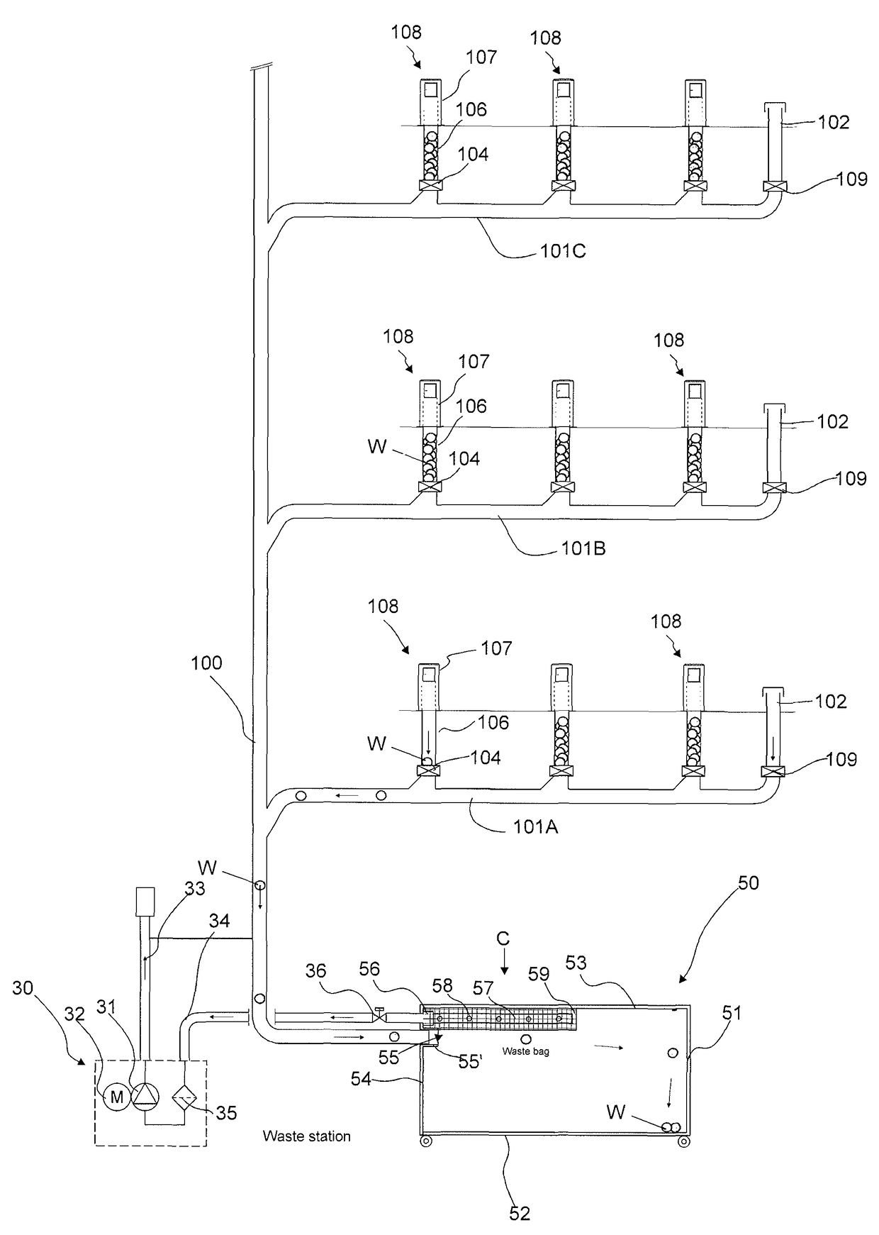 Method and apparatus in pneumatic materials handling and a waste container/separating device