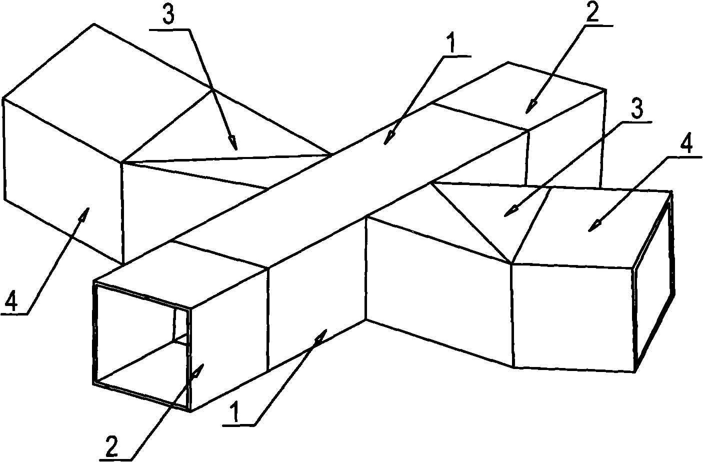 Torsion crossed welding intersected node of steel component with rectangular cross section