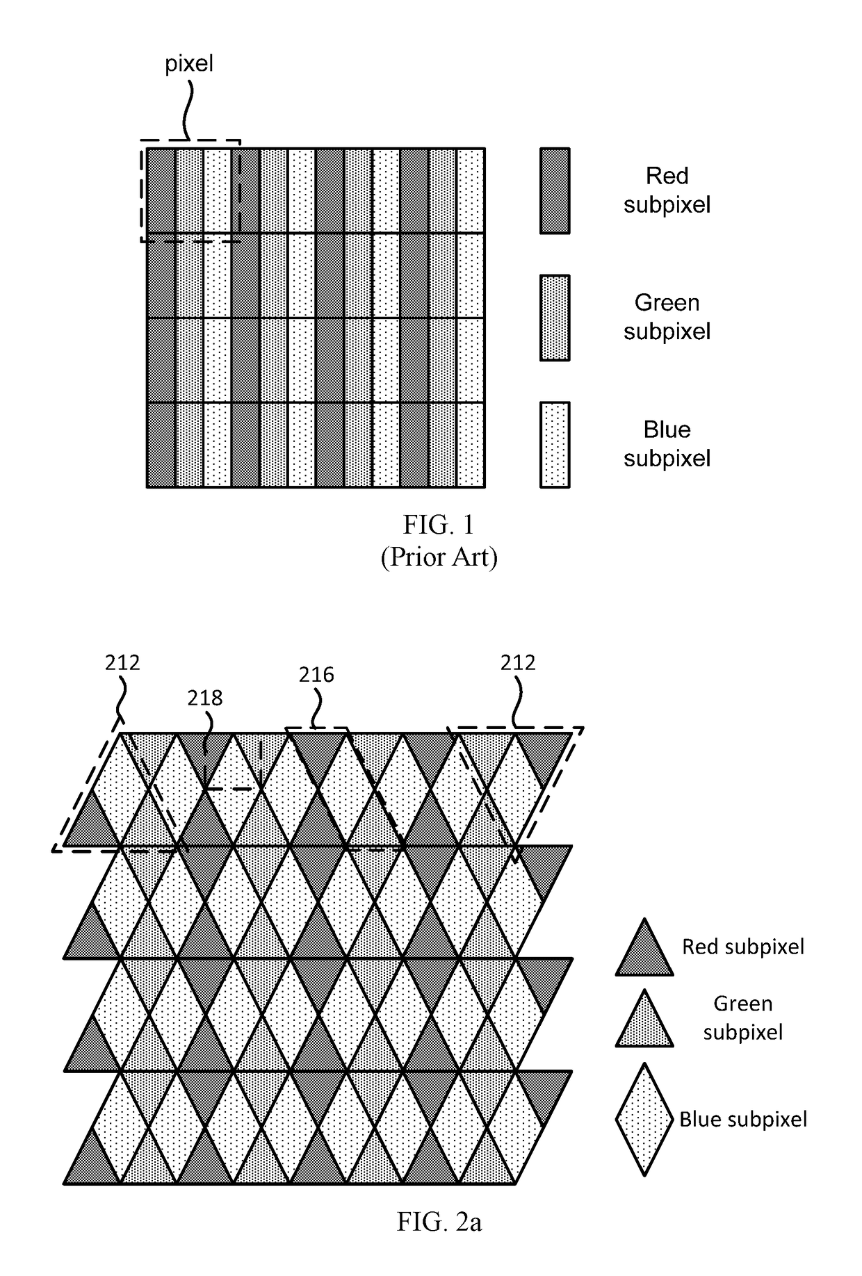 Pixel structure having triangular red and green subpixels and rhombic blue subpixels