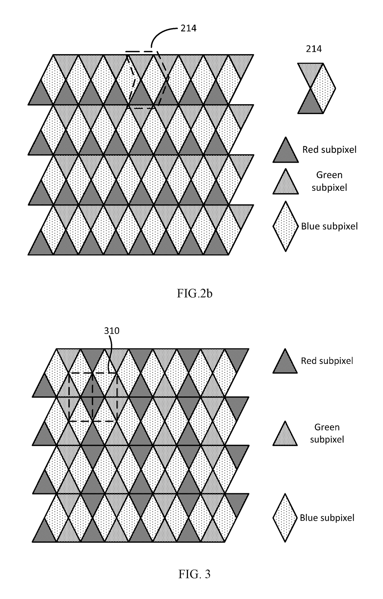 Pixel structure having triangular red and green subpixels and rhombic blue subpixels