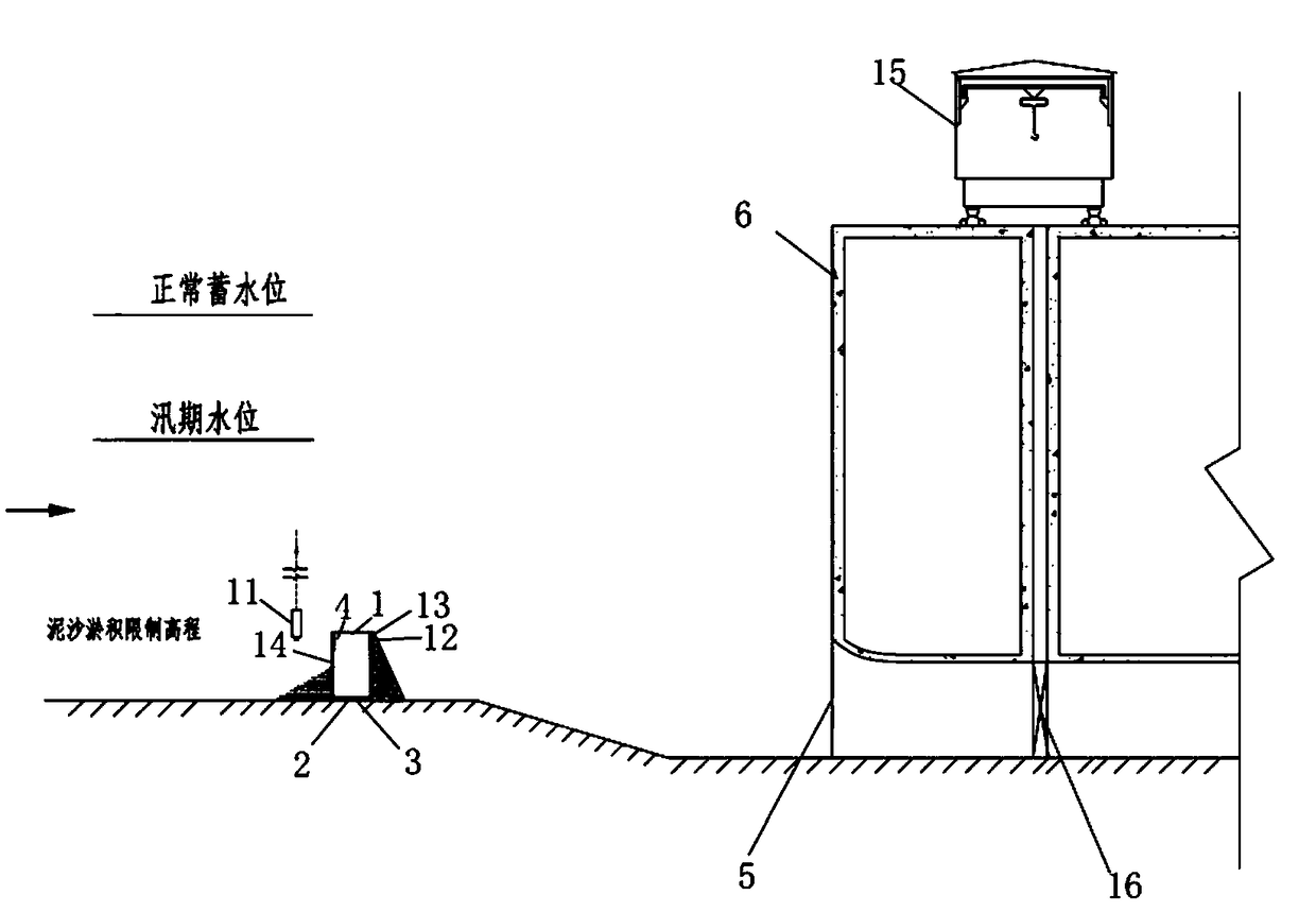 Outer water discharging pump submerging and floating sand intercepting bank preventing sediment from entering water taking port