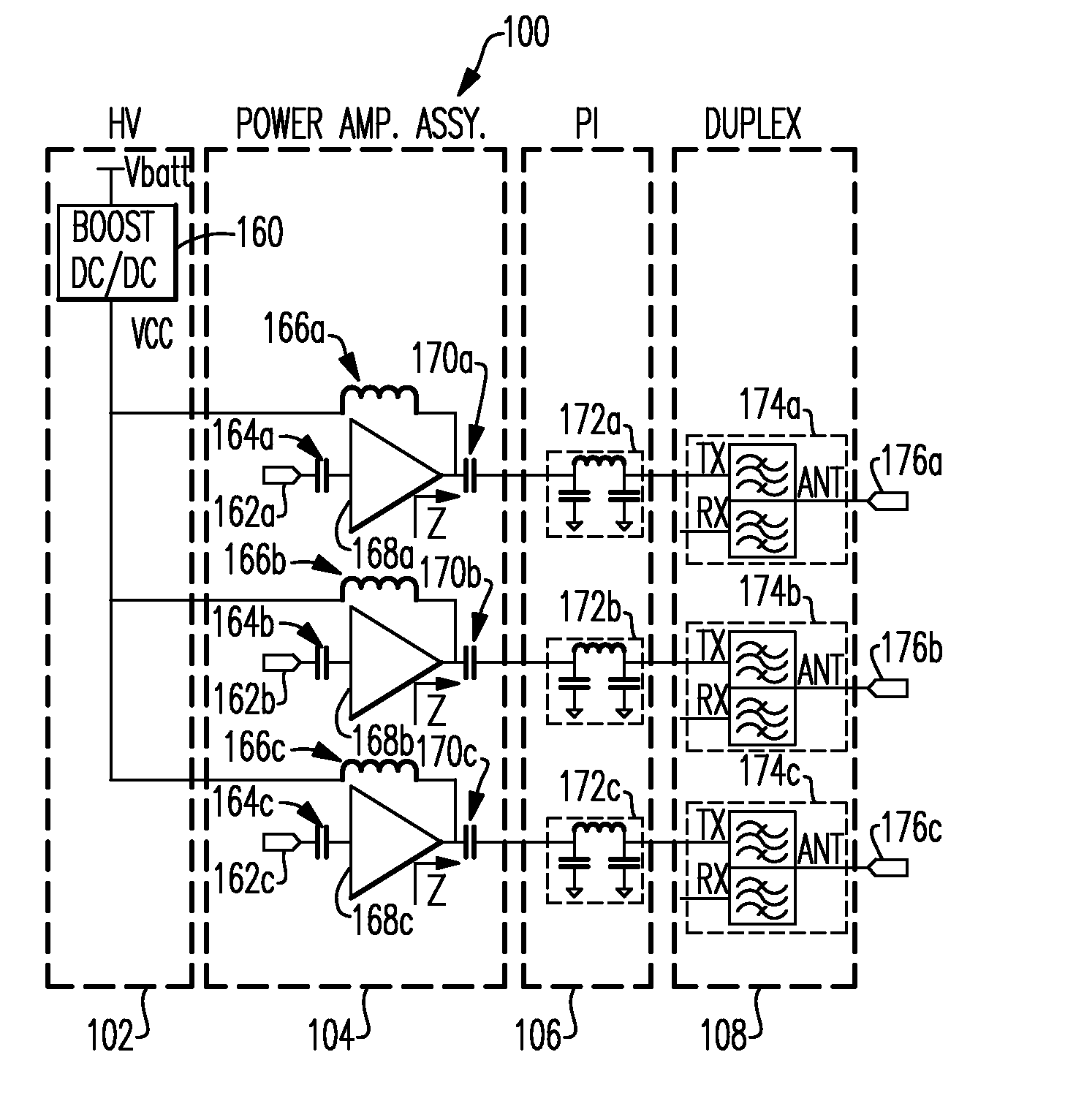 Radio-frequency power amplifiers driven by boost converter