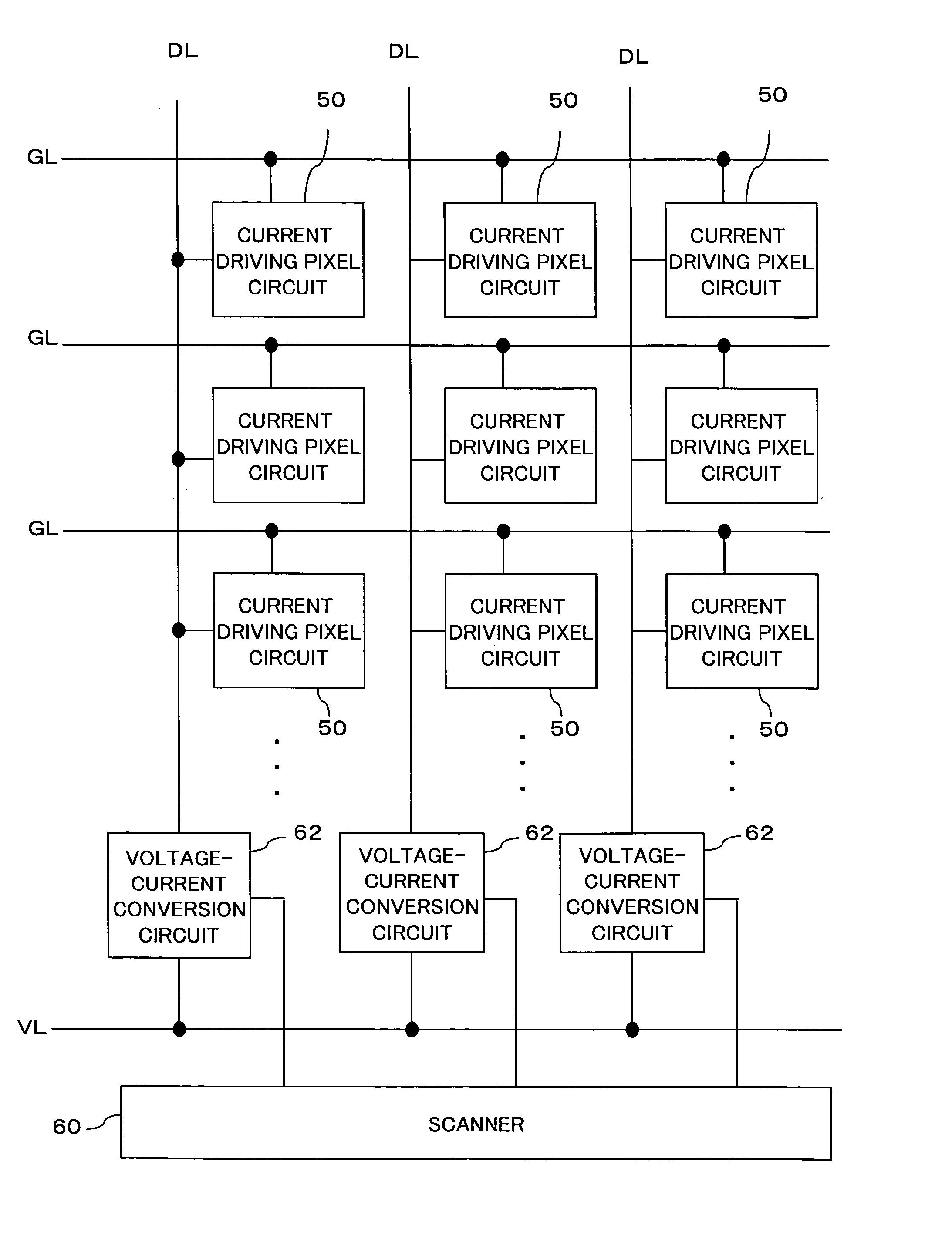 Display device using current driving pixels