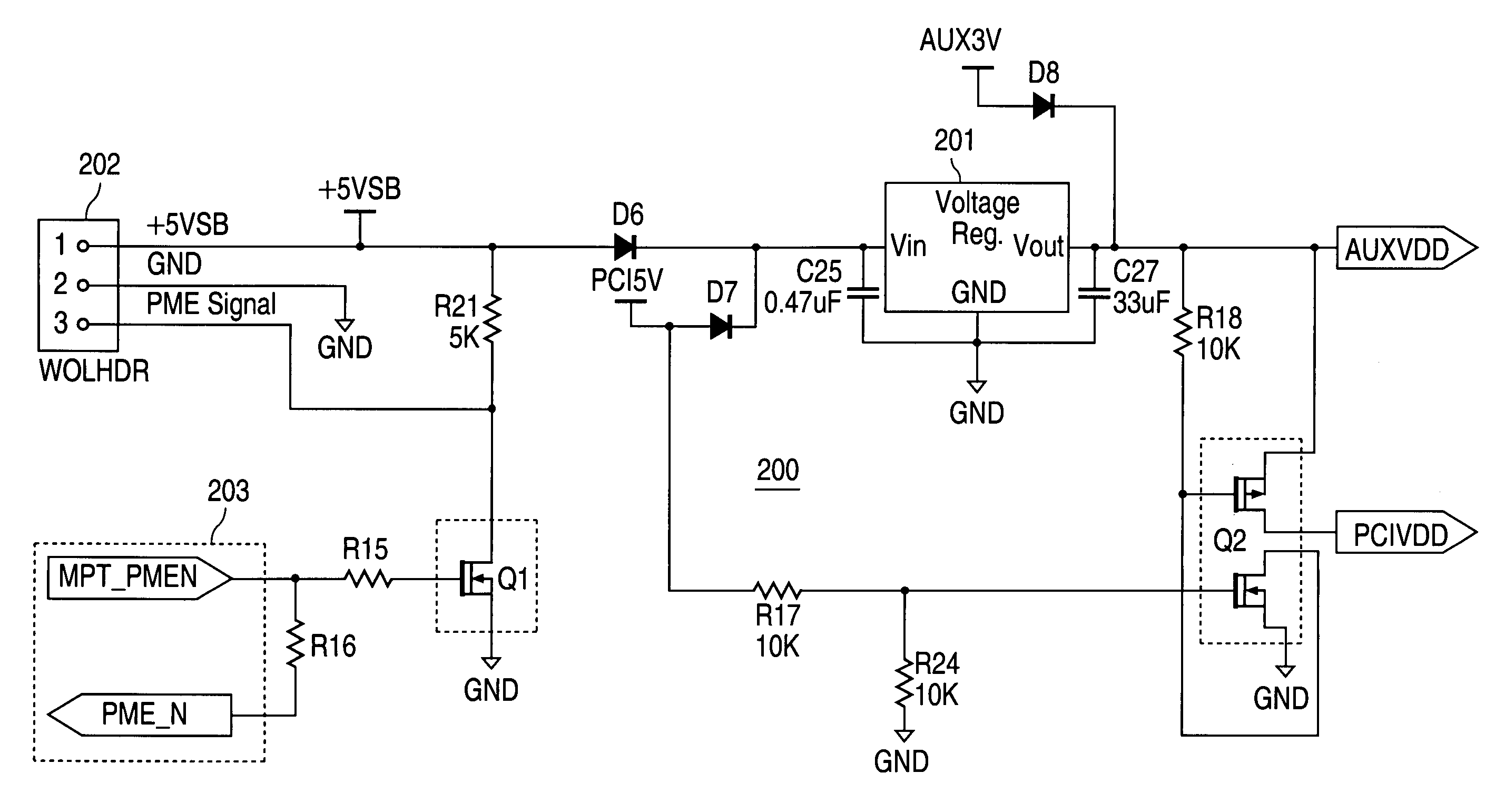 Multi-source power switching circuit for Wake On LAN ethernet application