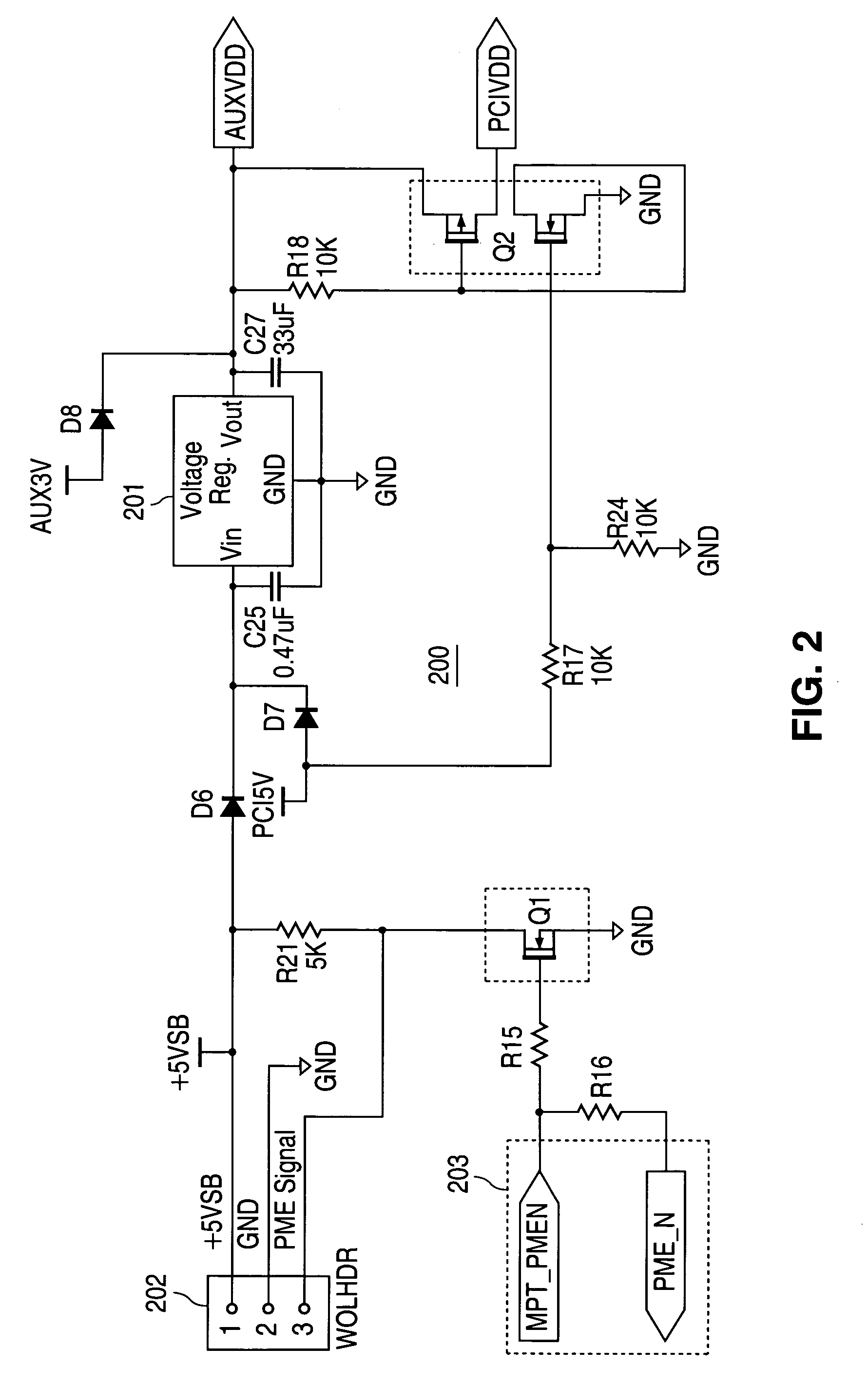 Multi-source power switching circuit for Wake On LAN ethernet application