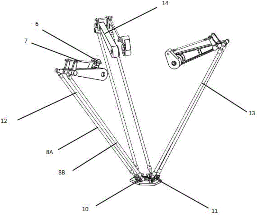 Transfer robot with symmetrically arranged driven arms and reconstructible degrees of freedom