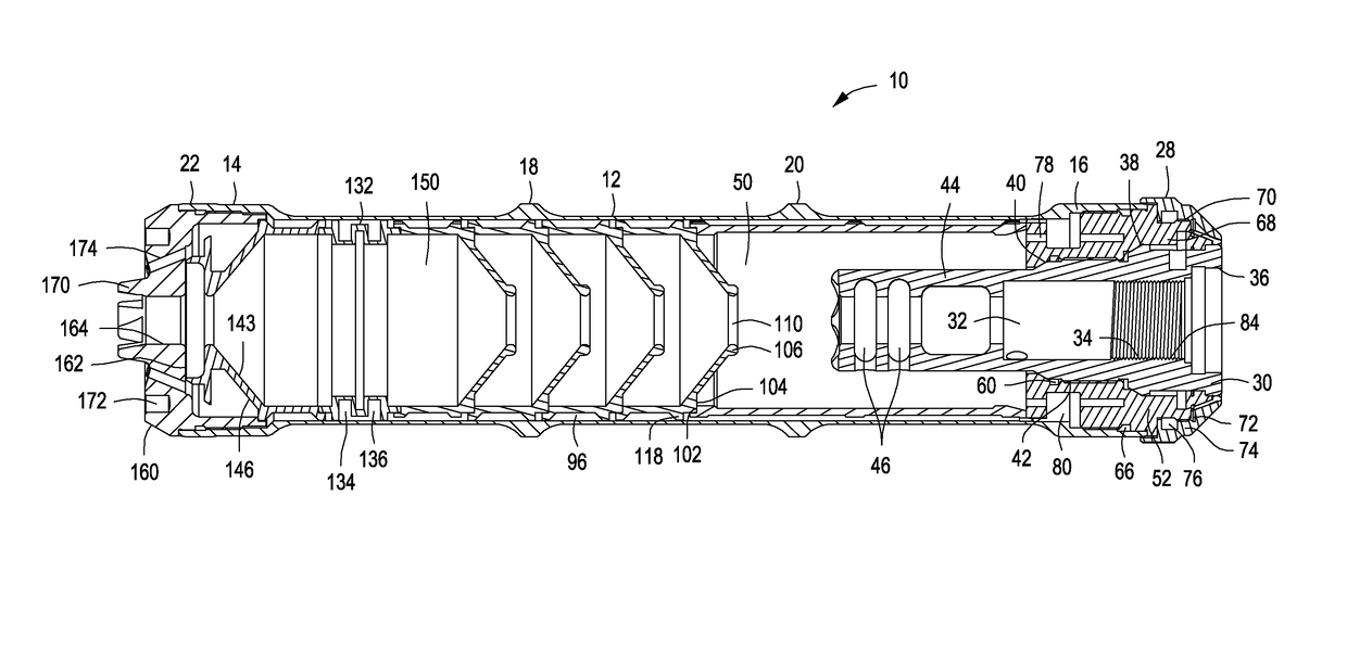 Suppressor and flash hider device for firearms having dual path gas exhaust