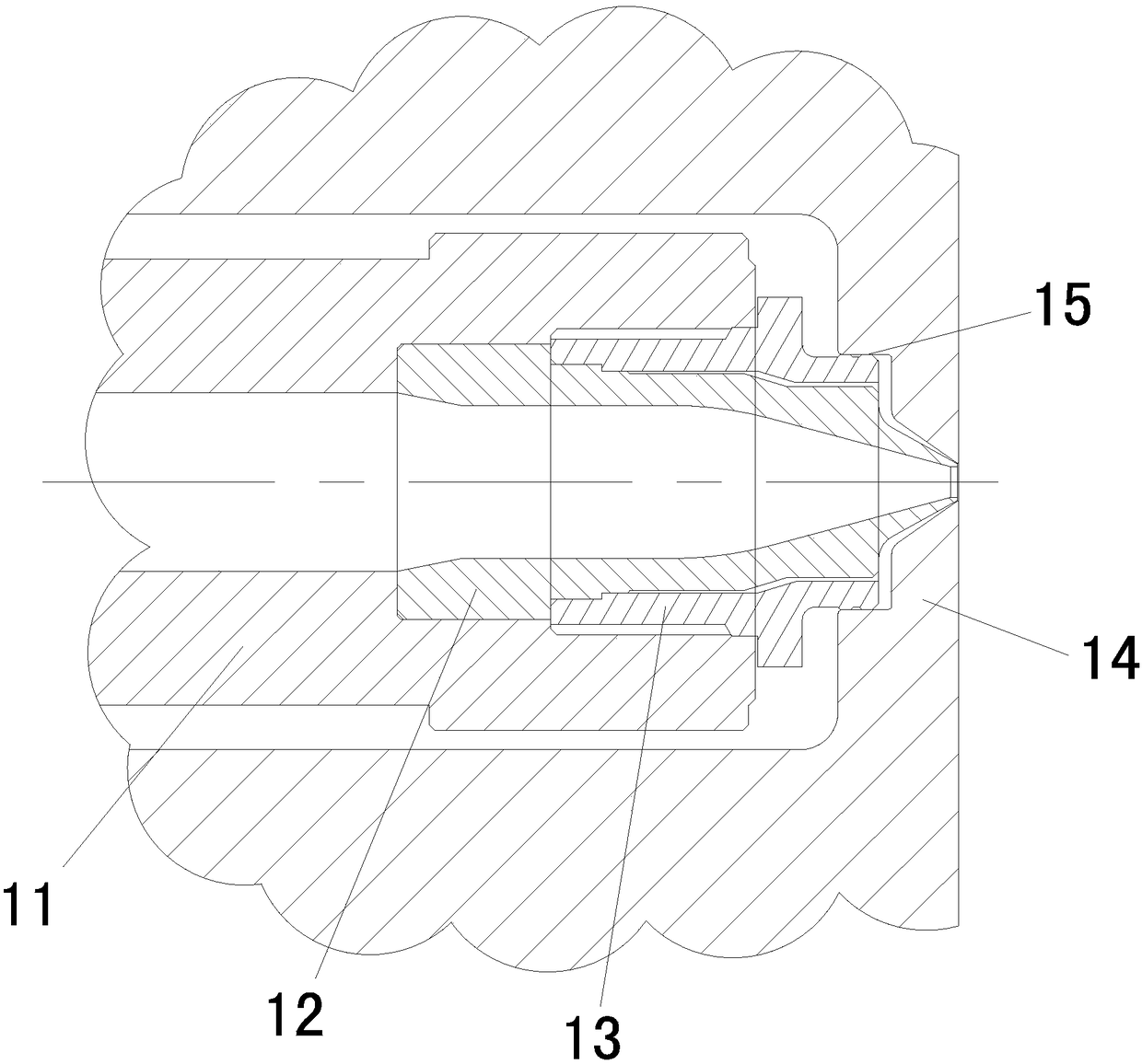 Straight through type hot nozzle assembly for high glass fibers and high carbon fibers