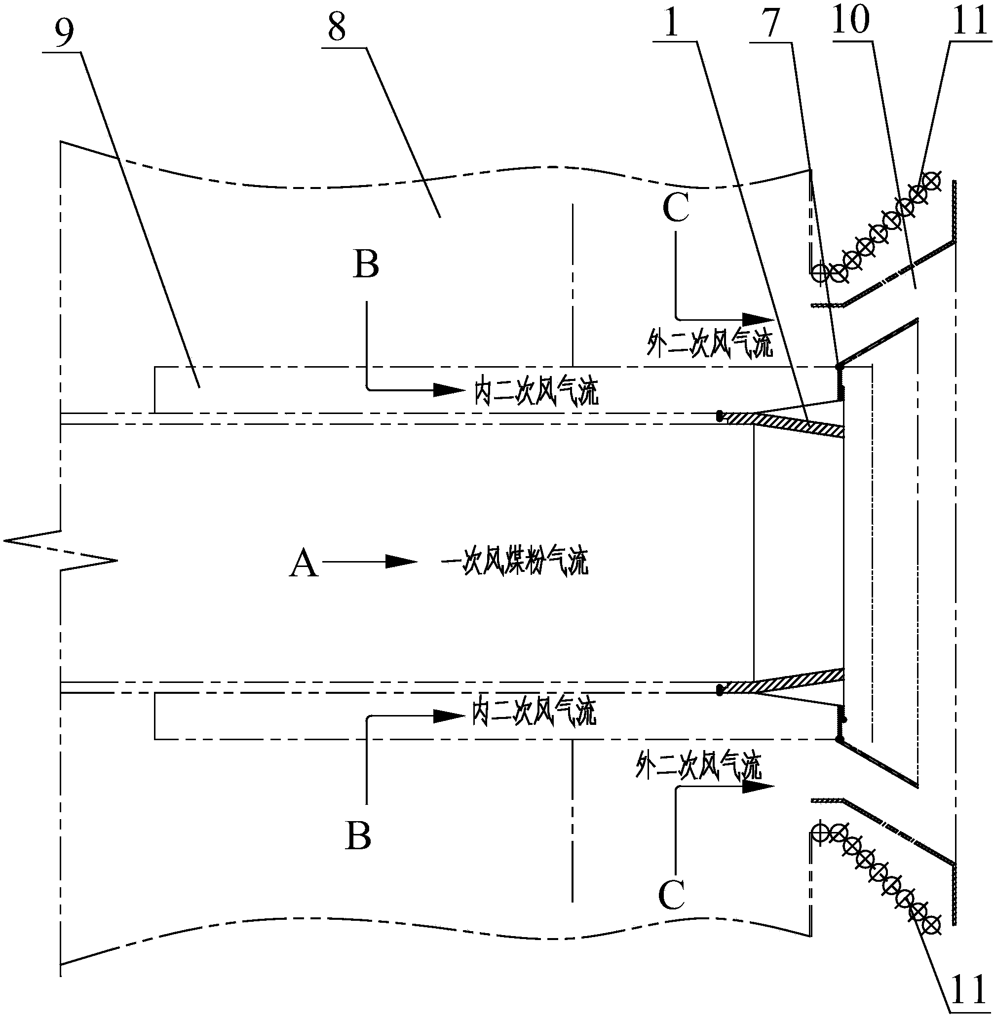 Internal contraction and external expansion type nozzle for swirl pulverized coal burner