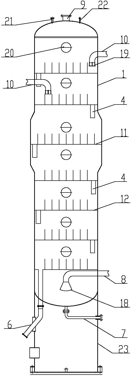 Stripping tower device with double overflow weir plates