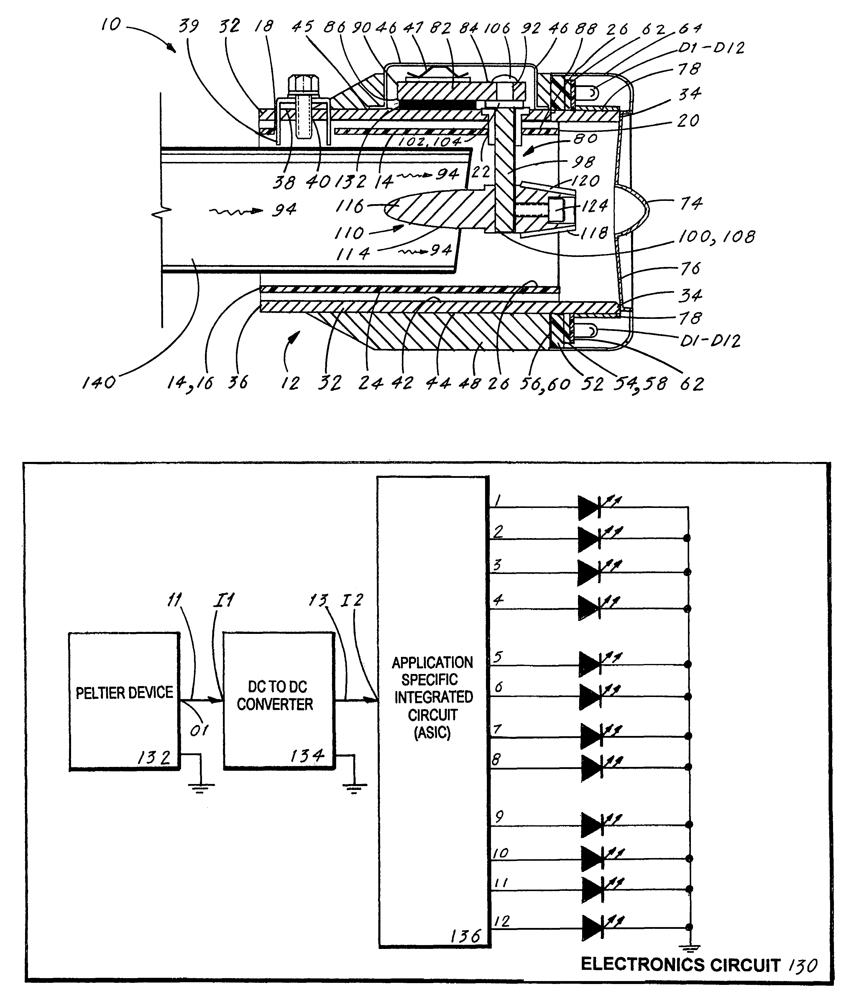 Self-powered, heat-activated LED vehicle exhaust tip assembly