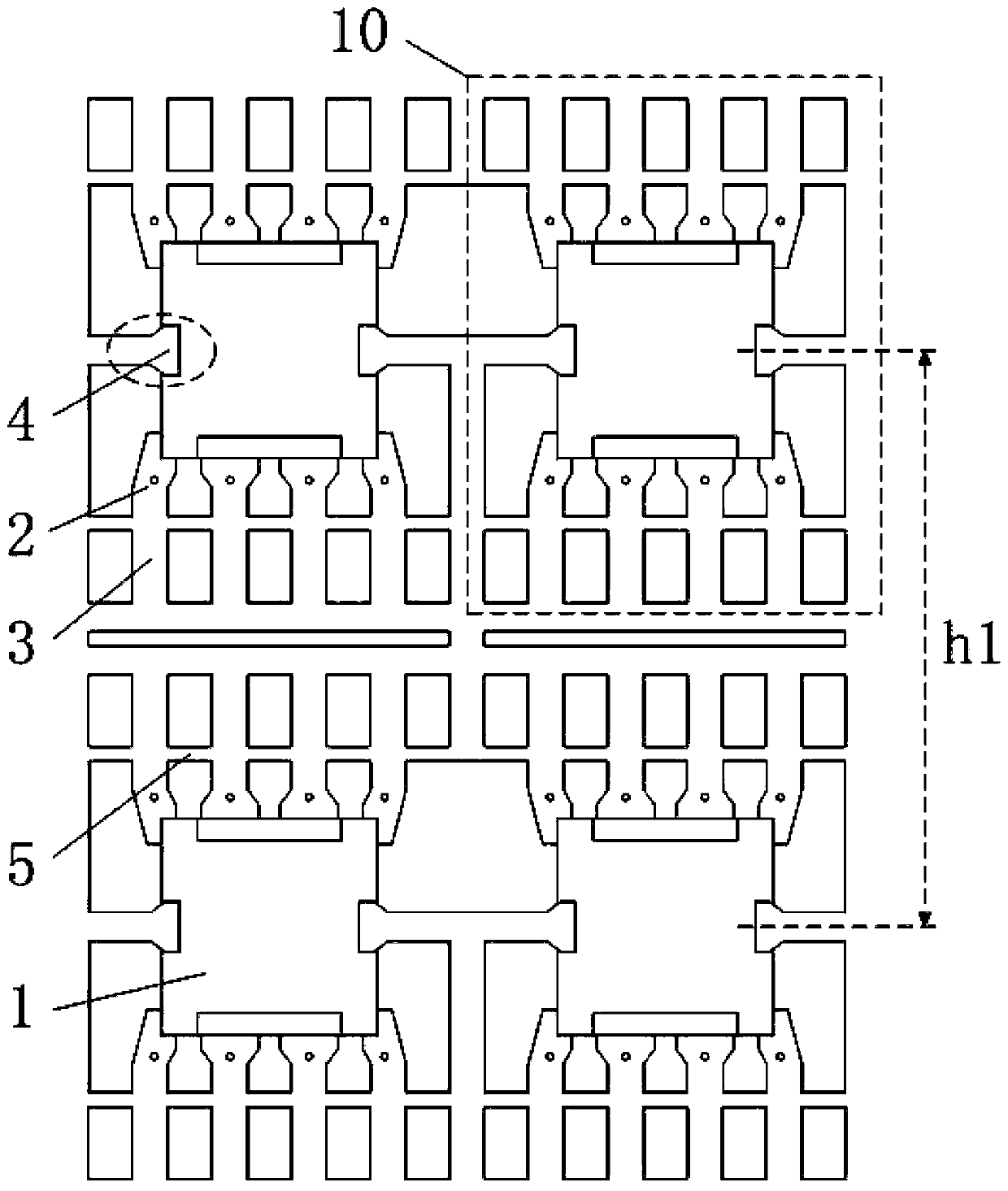 Lead frame structure with staggered pins and semiconductor device manufacturing method