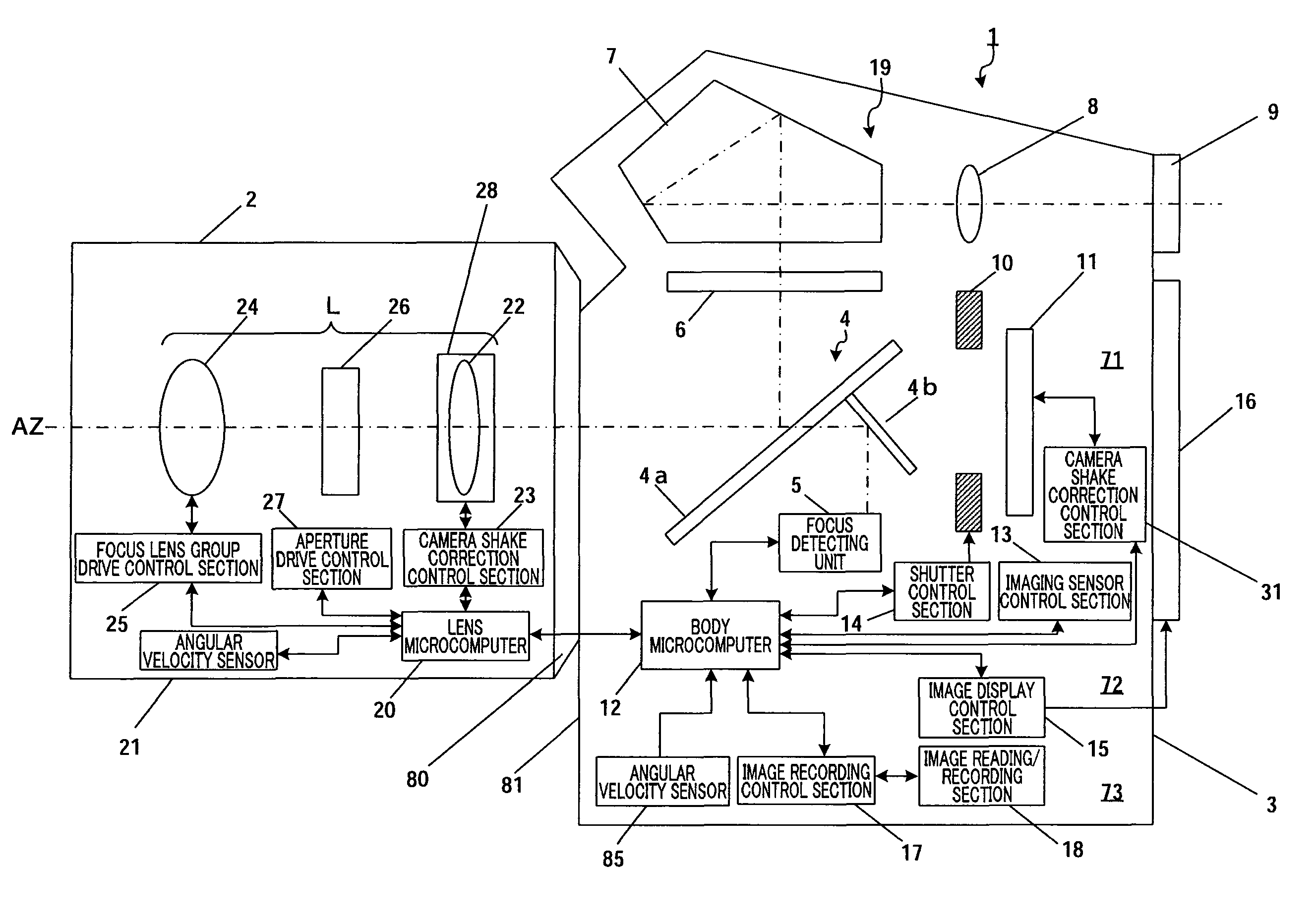 Digital single-lens reflex camera including control section that performs camera shake correction and motion detecting section that detects speed of subject