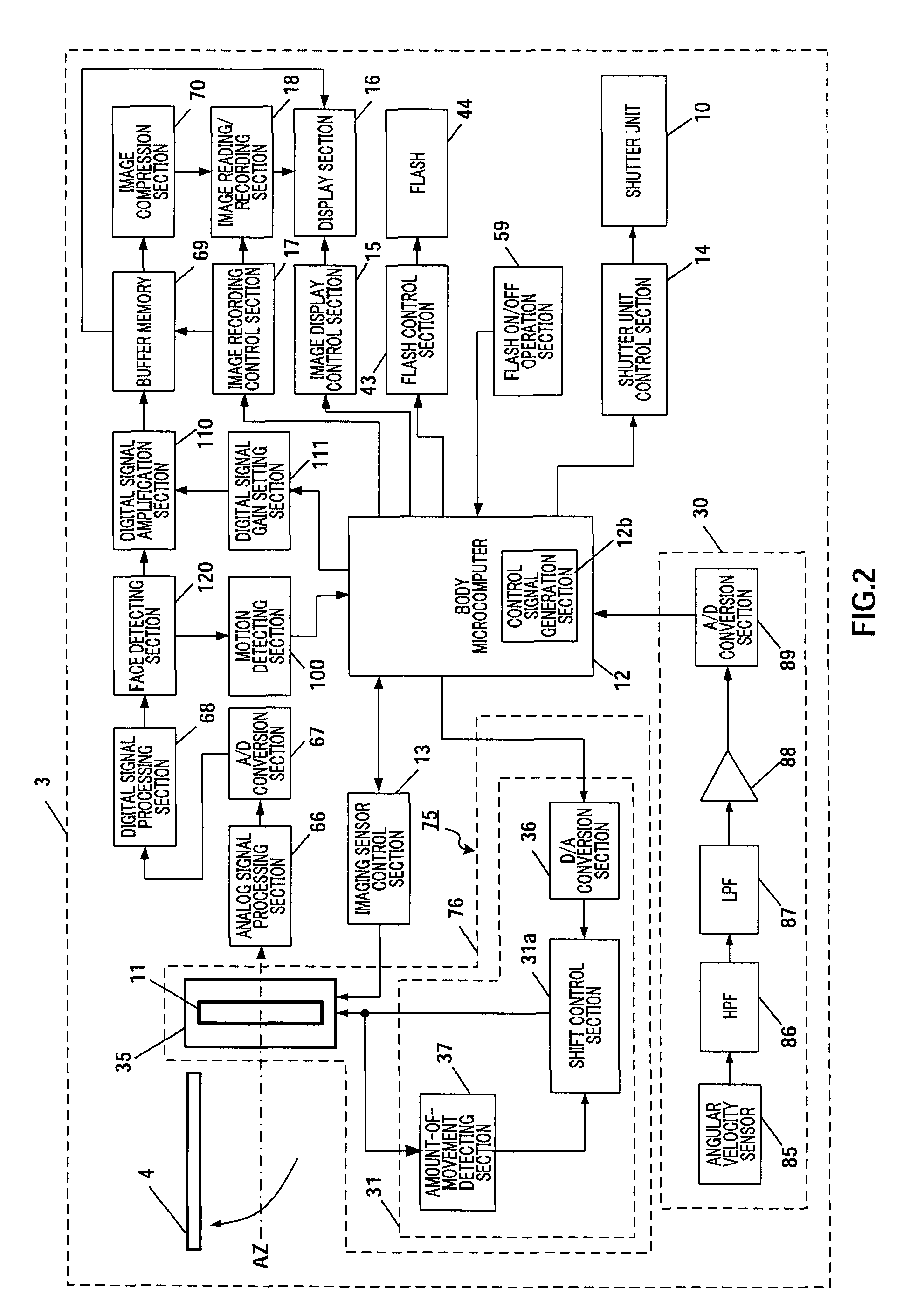 Digital single-lens reflex camera including control section that performs camera shake correction and motion detecting section that detects speed of subject