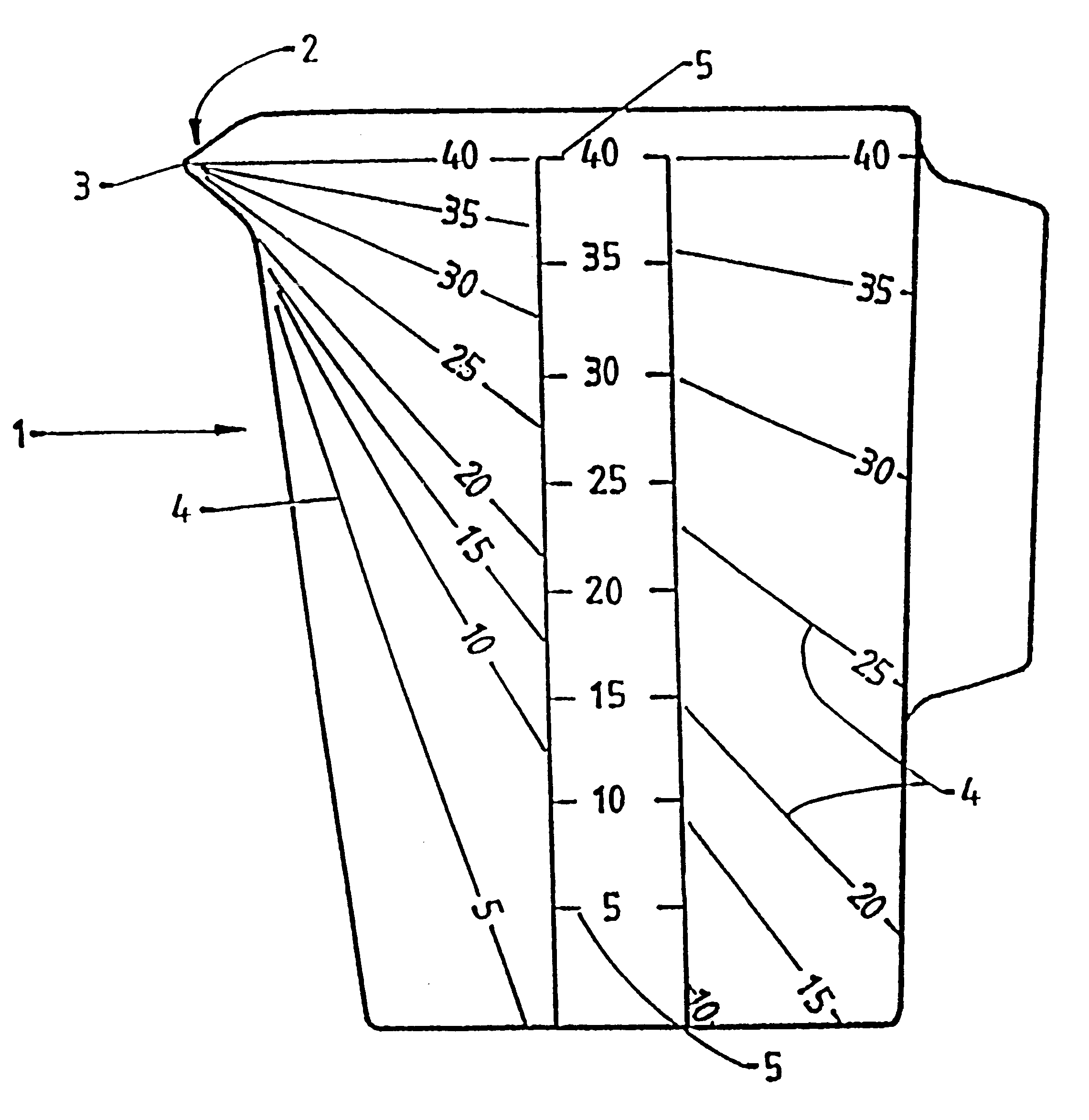 Measuring receptacle having angled lines