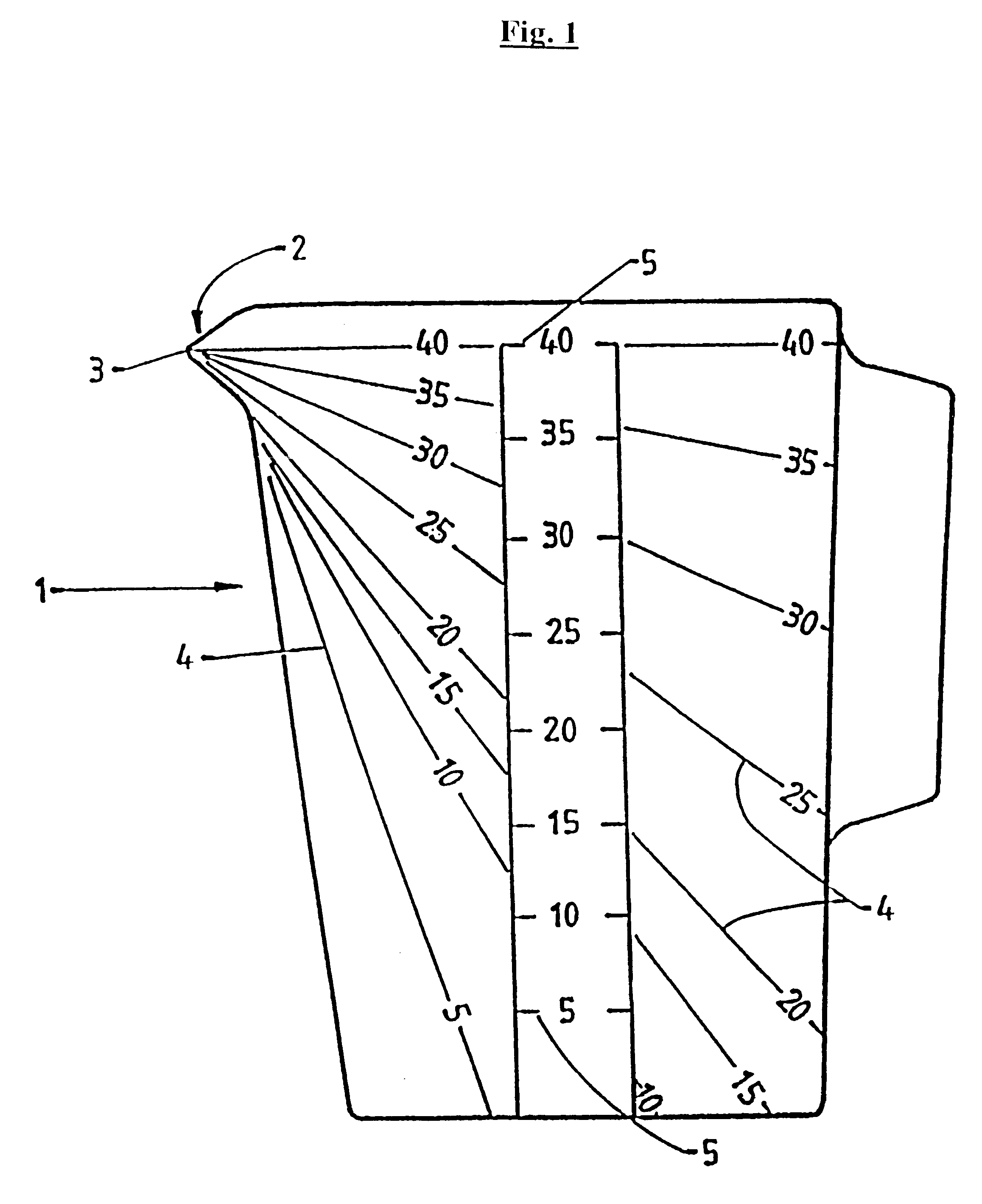 Measuring receptacle having angled lines