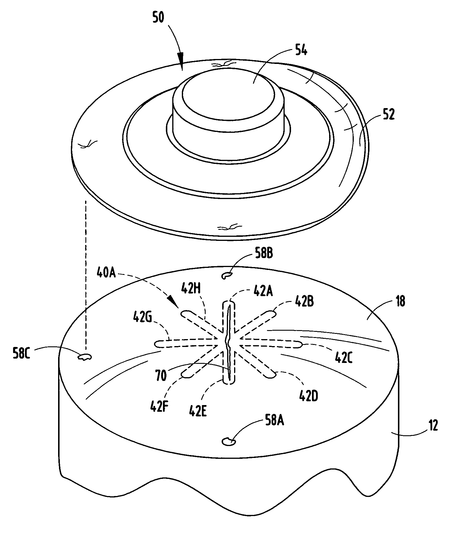 Battery container having cruciform vent and cover