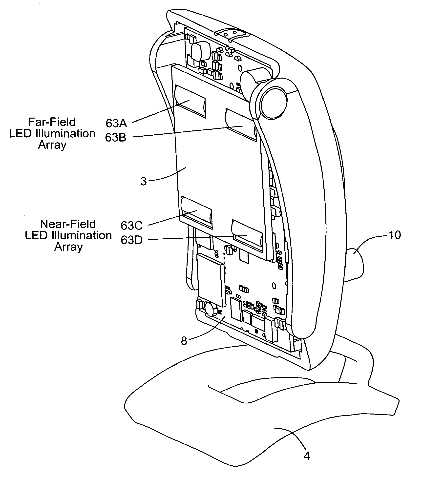 Countertop-based digital image capture and processing system having an illumination subsystem employing a single array of LEDS disposed behind an illumination focusing lens structure integrated within the imaging window, for generating a field of visible illumination highly confined below the field of view of the system operator and customers who are present during object illumination and imaging operations