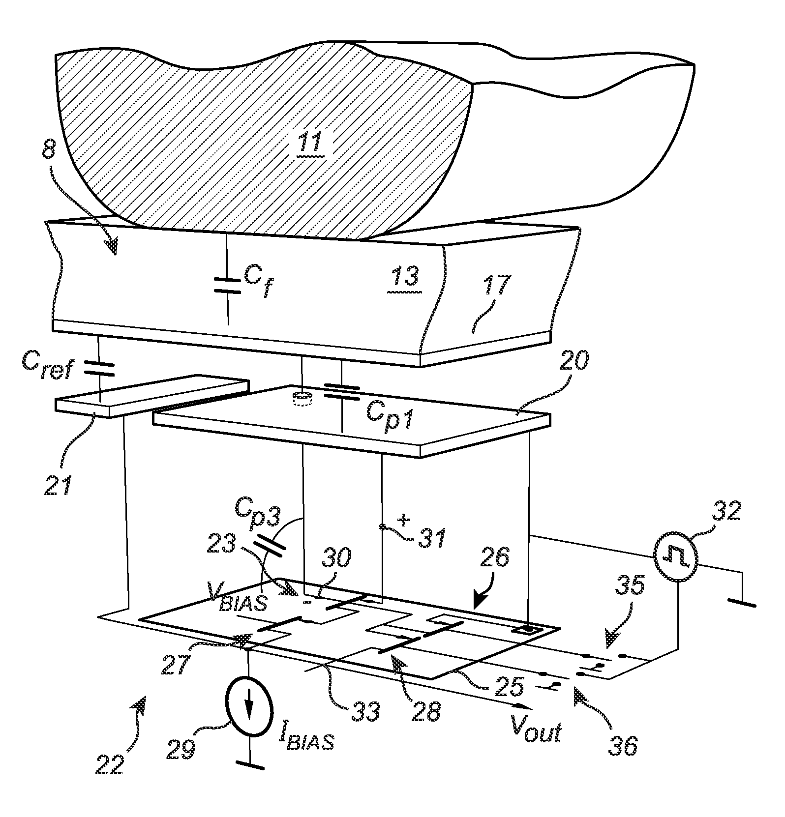 Capacitive fingerprint sensor with improved sensing element