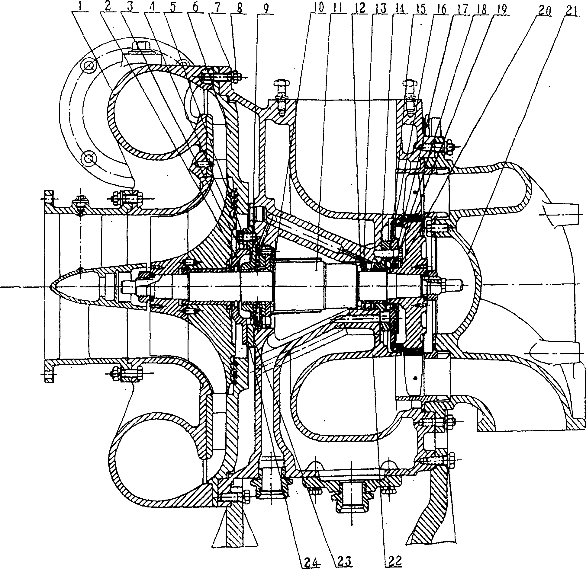 Supercharger for double axle two stage turbine of supercharged diesel engine